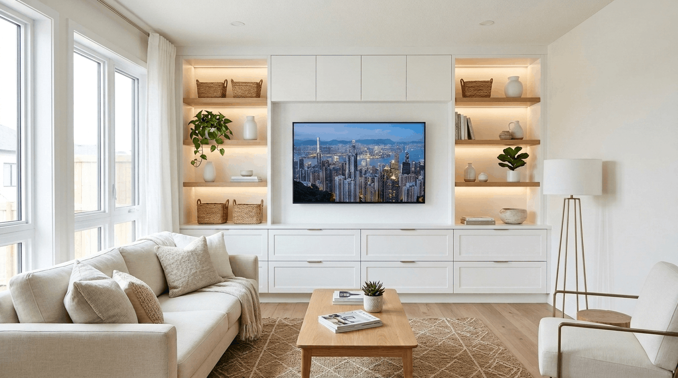 White contemporary media wall with built-in shelves and TV