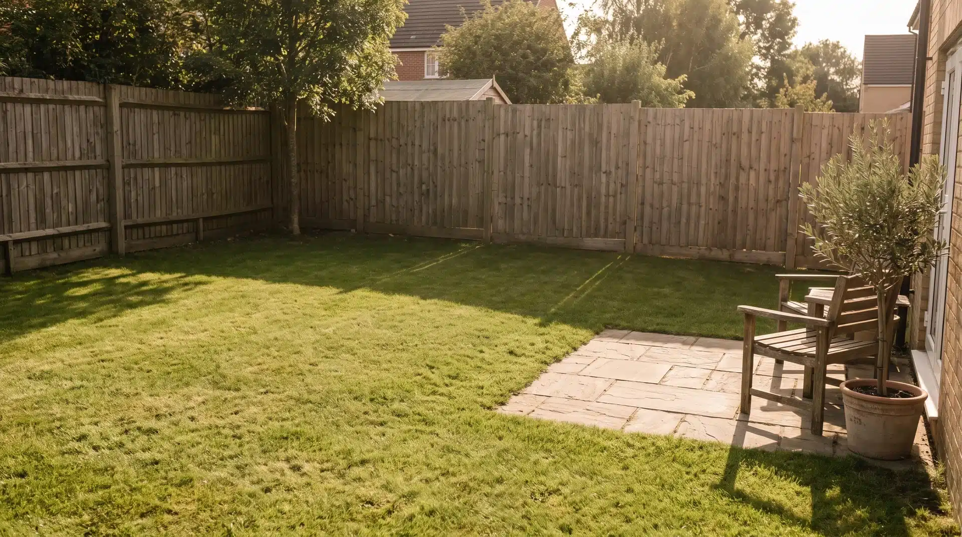 Private rear garden of a detached house enclosed by wooden boundary fencing.