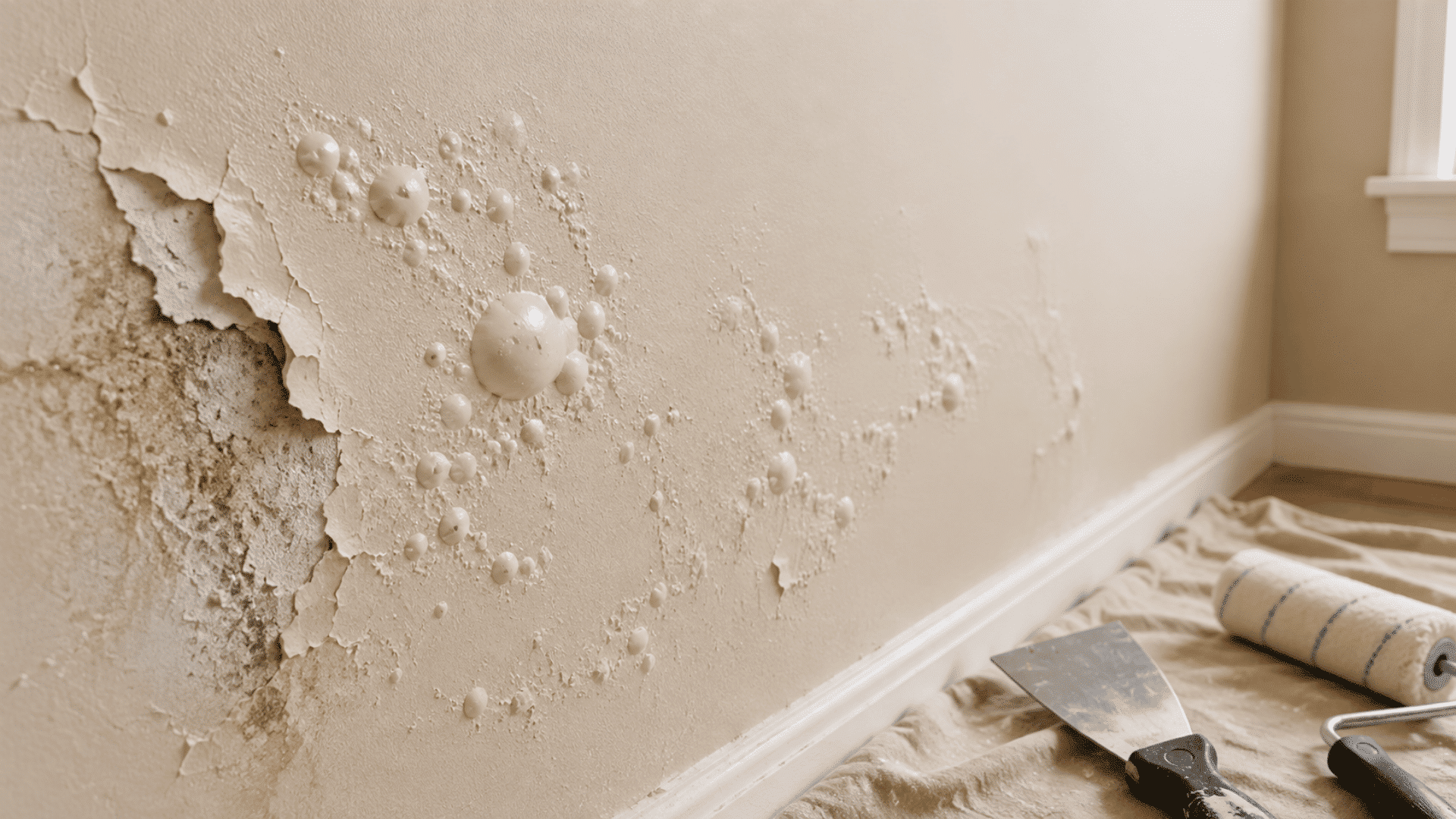 Bubbling and peeling beige wall paint with moisture damage, shown beside a putty knife and paint roller.