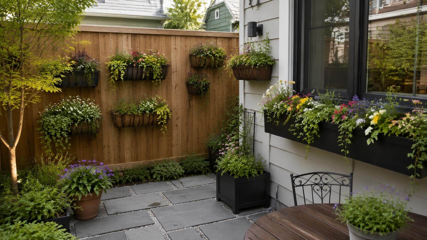 Backyard wall decorated with window boxes and hanging planters full of flowers.