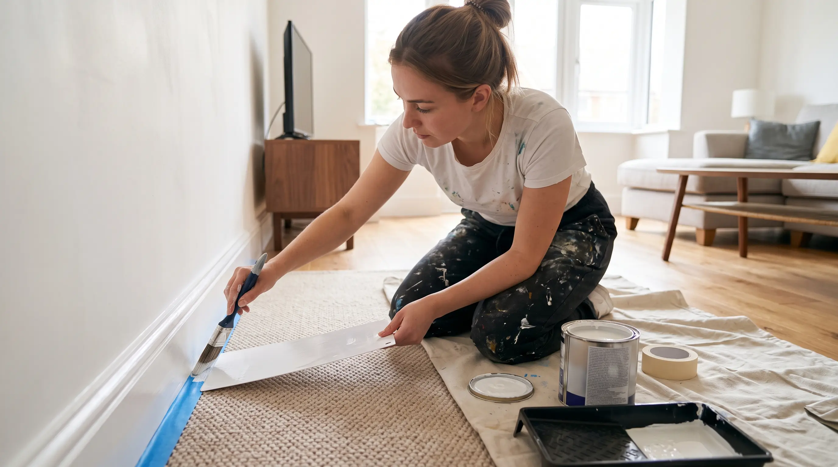 Woman painting skirting boards near carpet edges using painter’s tape and careful brush techniques.