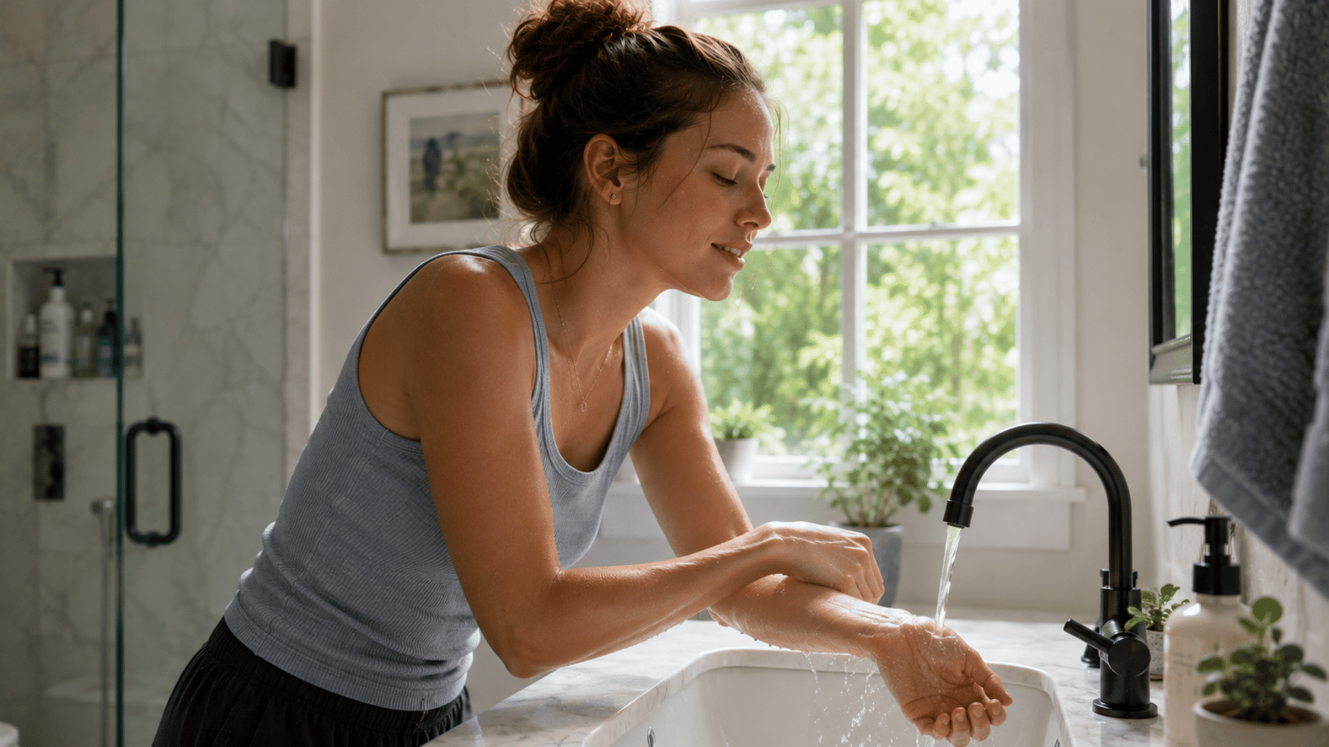 Woman rinsing her wrists under cool running water at a bathroom sink on a hot summer day, with bright natural daylight.
