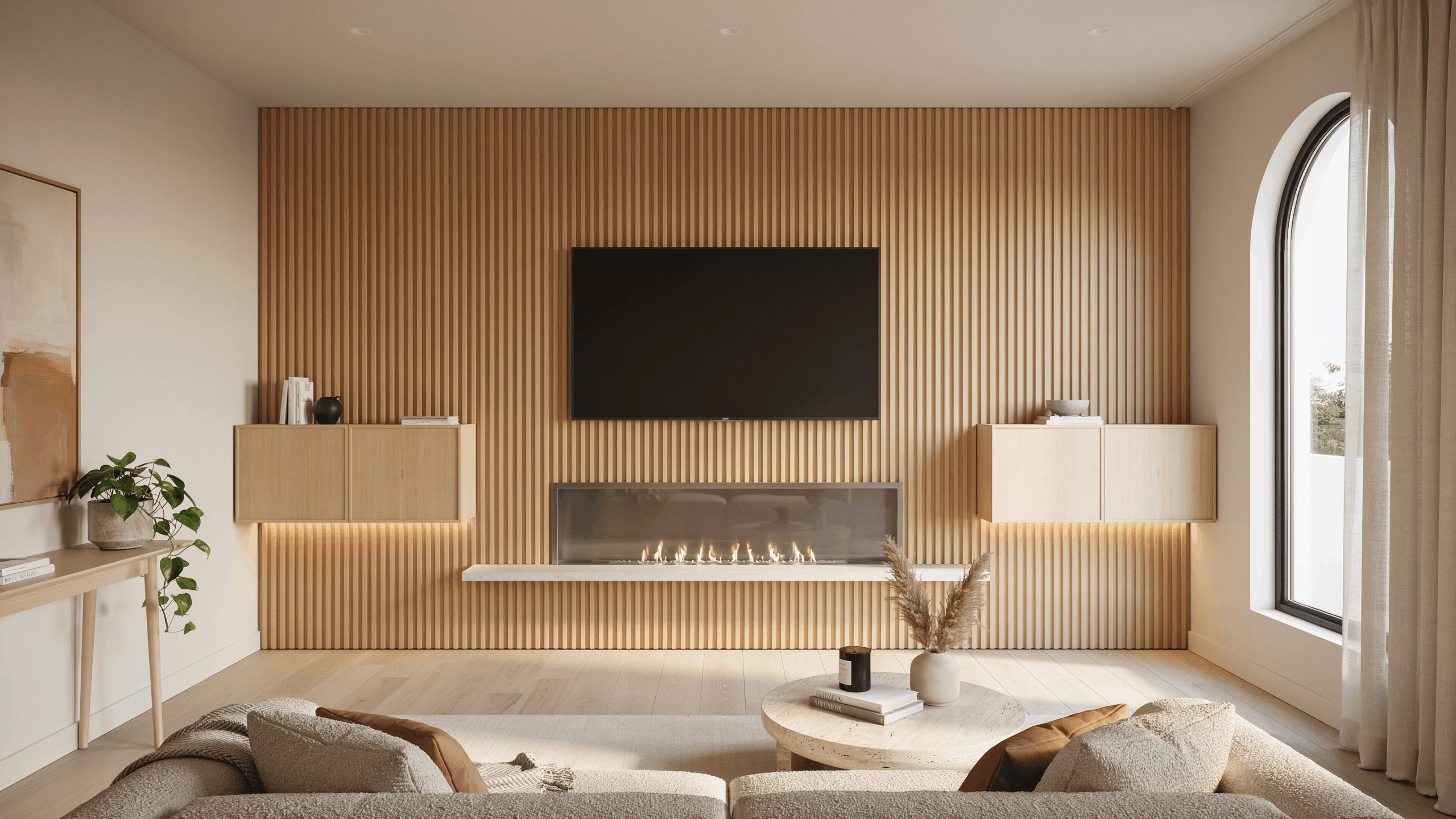 Wood slat fireplace media wall with vertical timber panels
