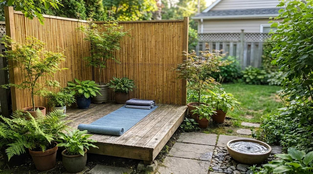 Peaceful backyard yoga corner with plants, natural materials, and open space.