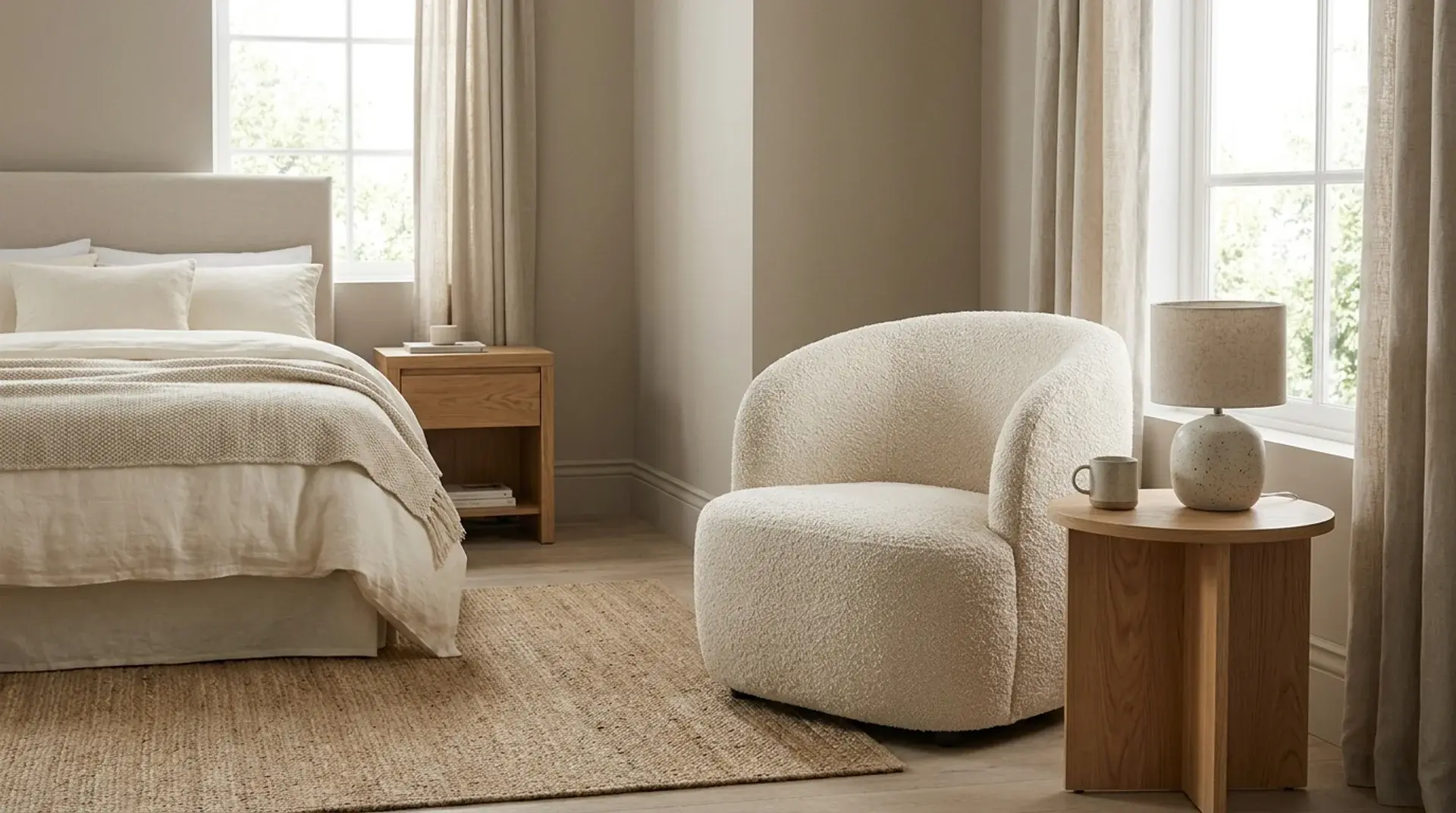 Neutral bedroom with a cream boucle accent chair, linen bedding, and warm natural textures.