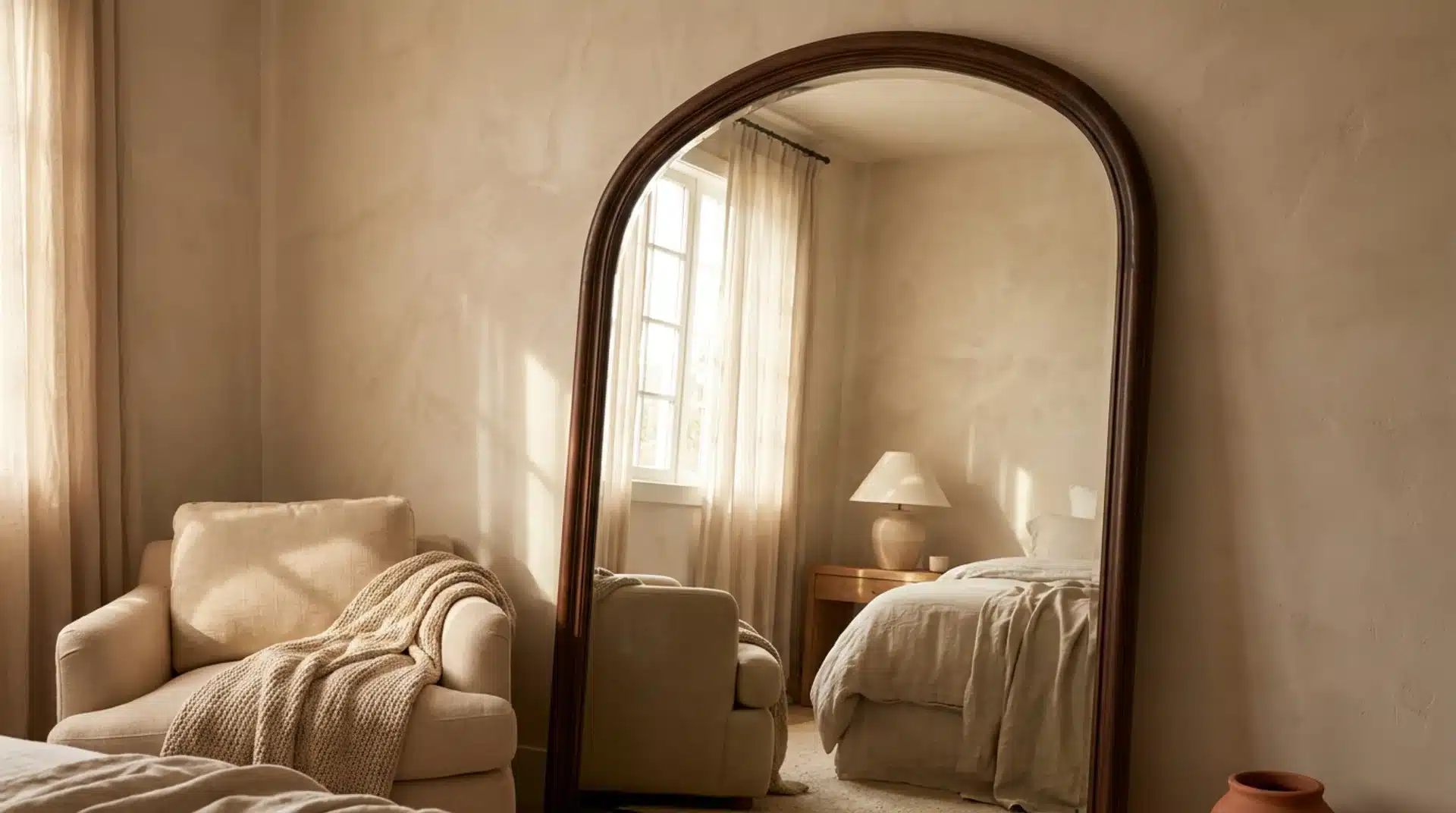 Guest bedroom corner with a large arched floor mirror reflecting soft natural window light.