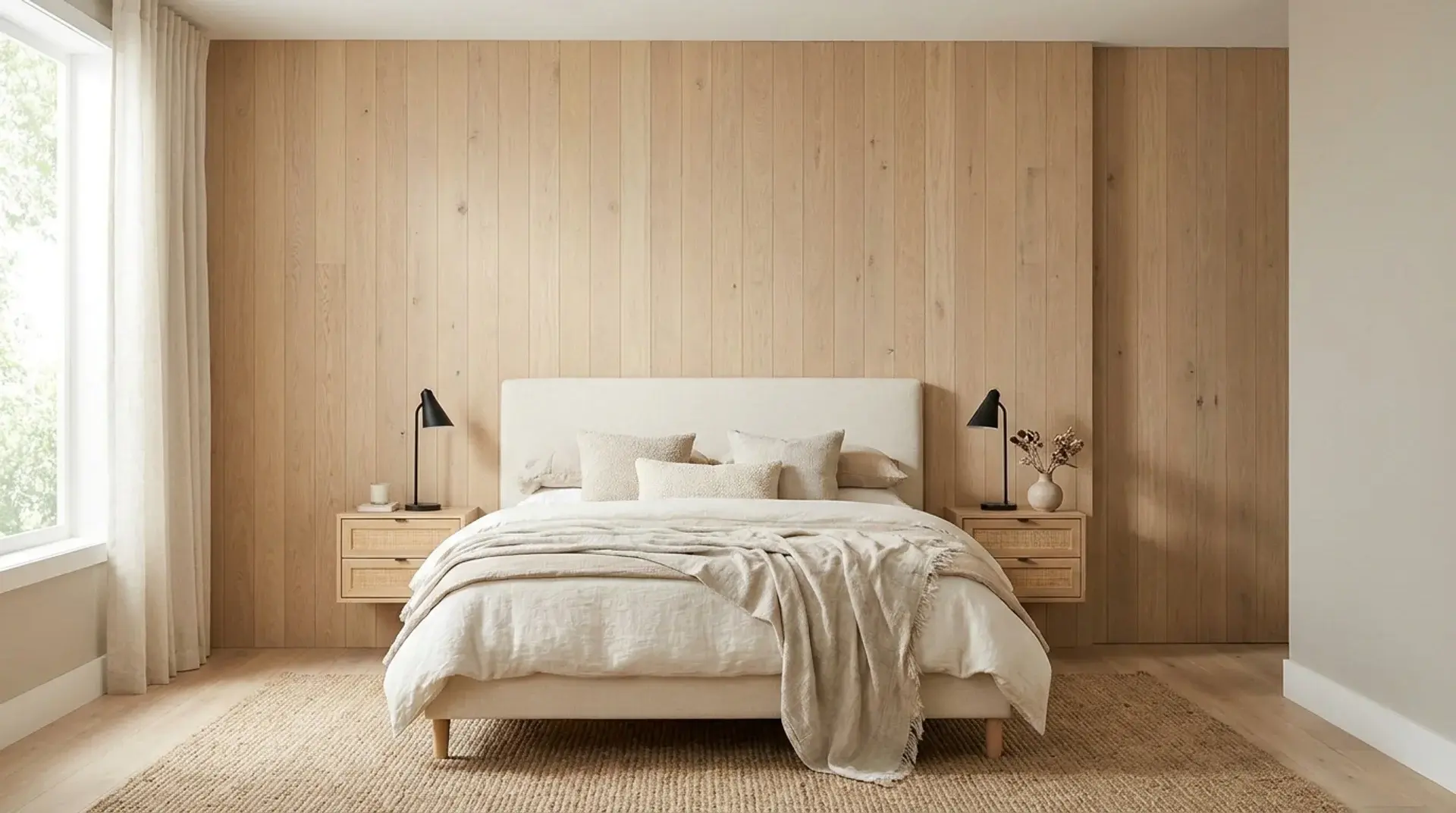 Neutral bedroom with a natural oak wood accent wall, linen bedding, and warm organic textures.
