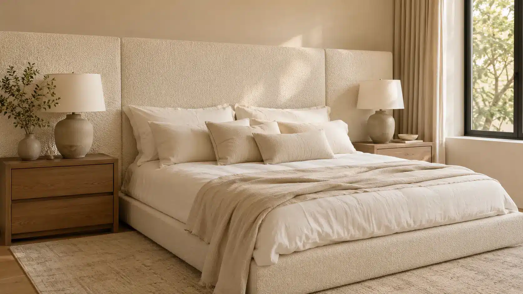 Neutral bedroom with a textured cream headboard, linen bedding, wood furniture, and soft lighting.