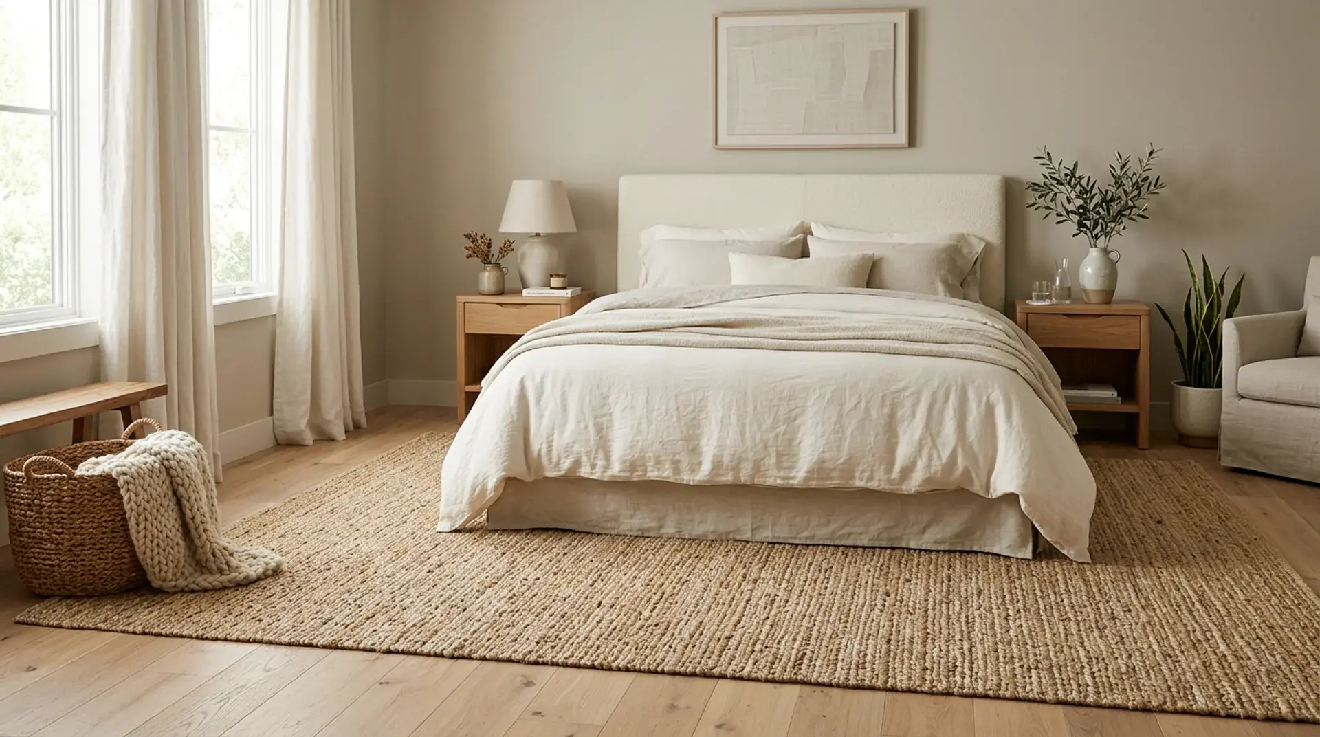 Neutral bedroom with a woven jute rug under the bed, linen bedding, and natural wood furniture.