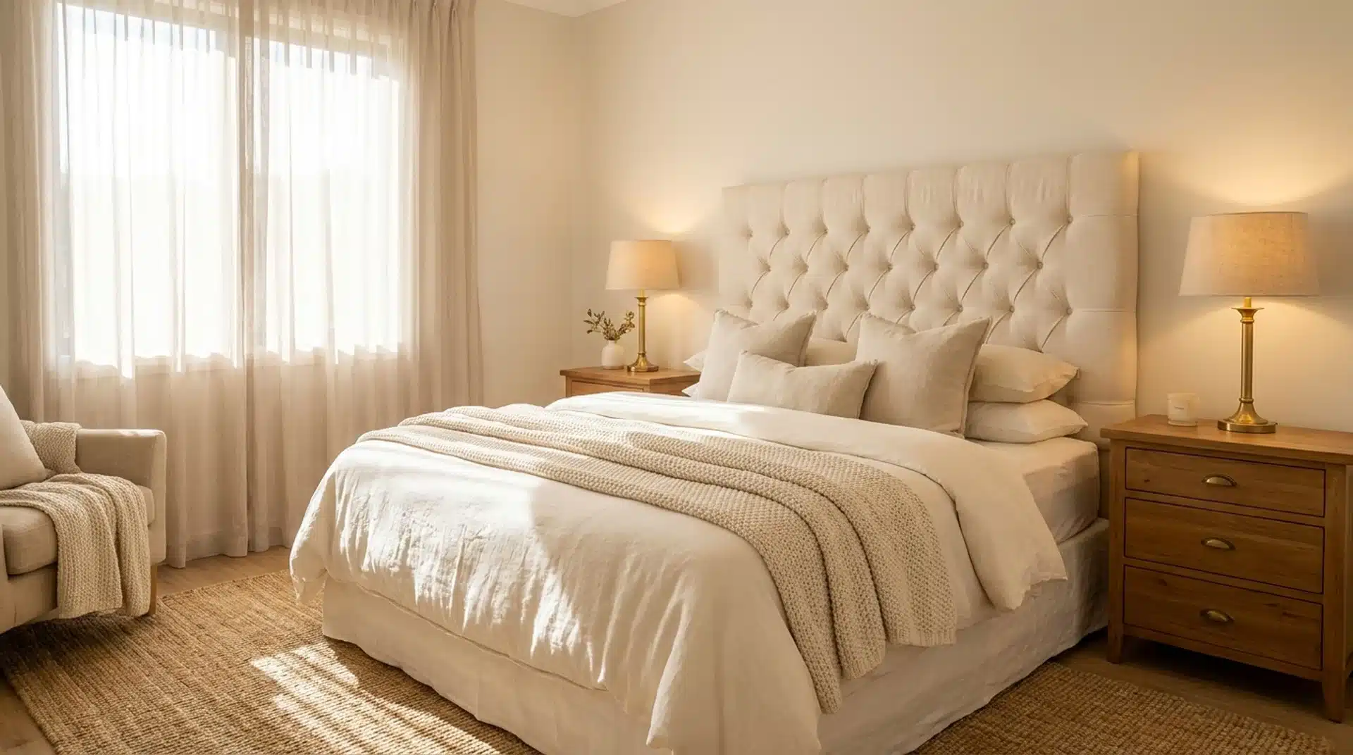 Guest bedroom with cream linen upholstered headboard, ivory bedding, and warm brass lamps.