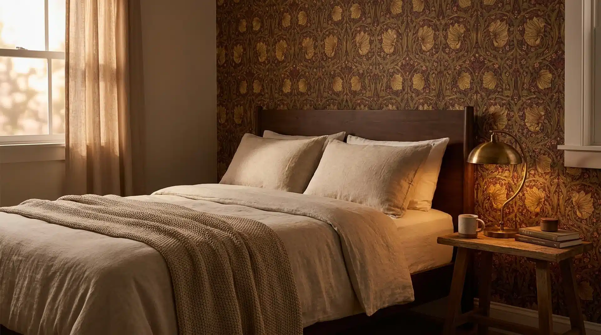 Guest bedroom with a richly patterned floral accent wall, dark wood bed, and warm brass lamp.