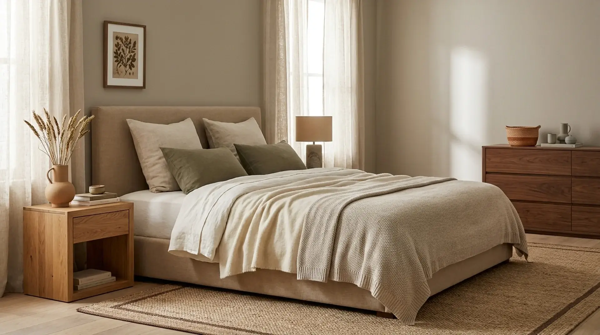 Neutral bedroom with muted olive and clay accents, linen bedding, wood furniture, and earthy textures.