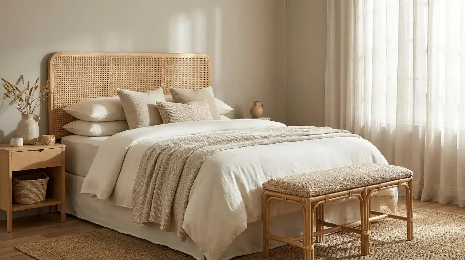 Neutral bedroom with a cane headboard, rattan details, linen bedding, and natural textures.
