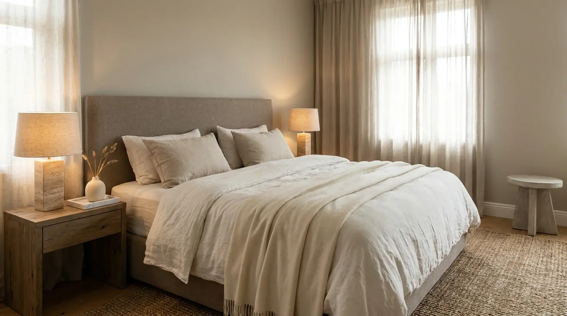 Neutral bedroom with travertine accents, ceramic decor, linen bedding, and warm earthy textures.