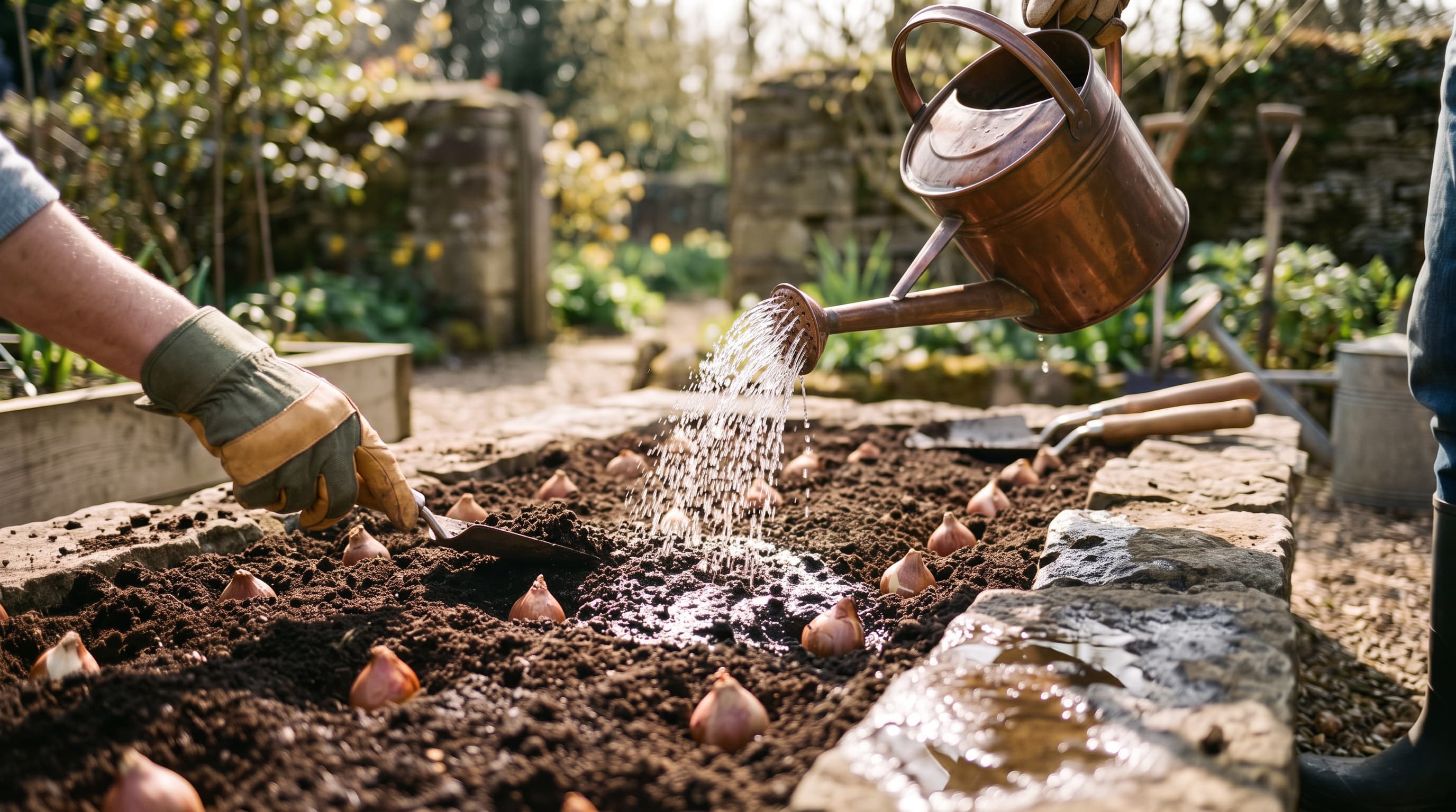Freshly planted tulip bulbs being covered with soil and watered gently