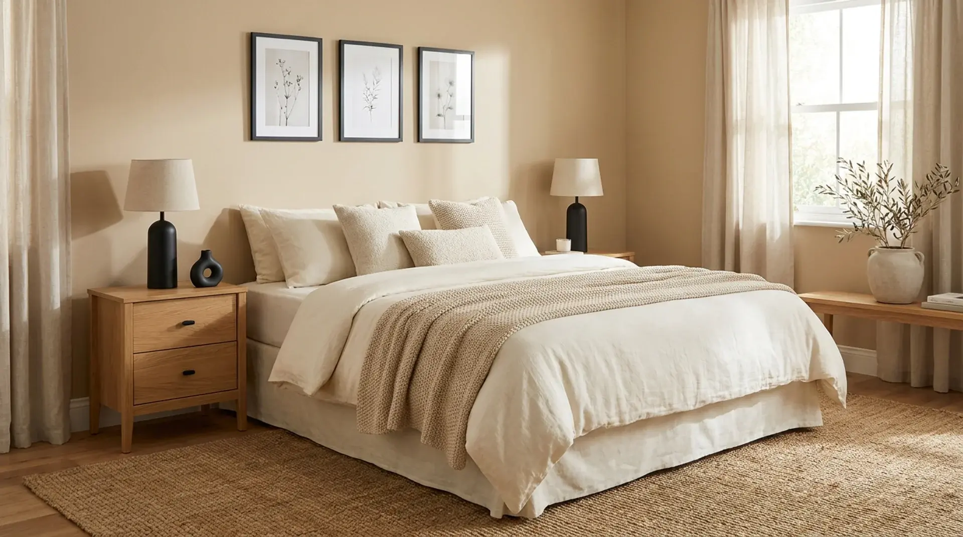 Beige neutral bedroom with black lamp accents, cream bedding, wood furniture, and soft textures.