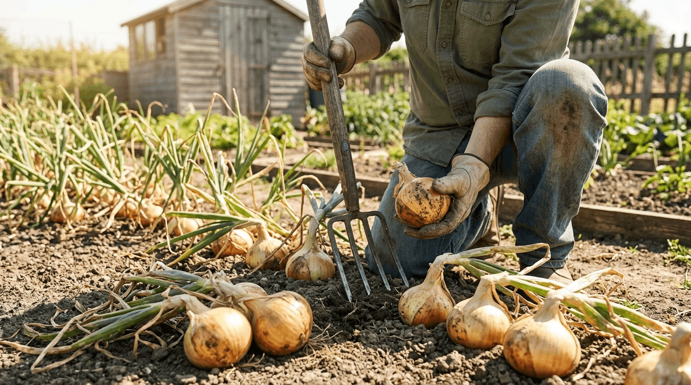Gardener harvesting mature onions from dry soil on a sunny morning before curing them for storage.