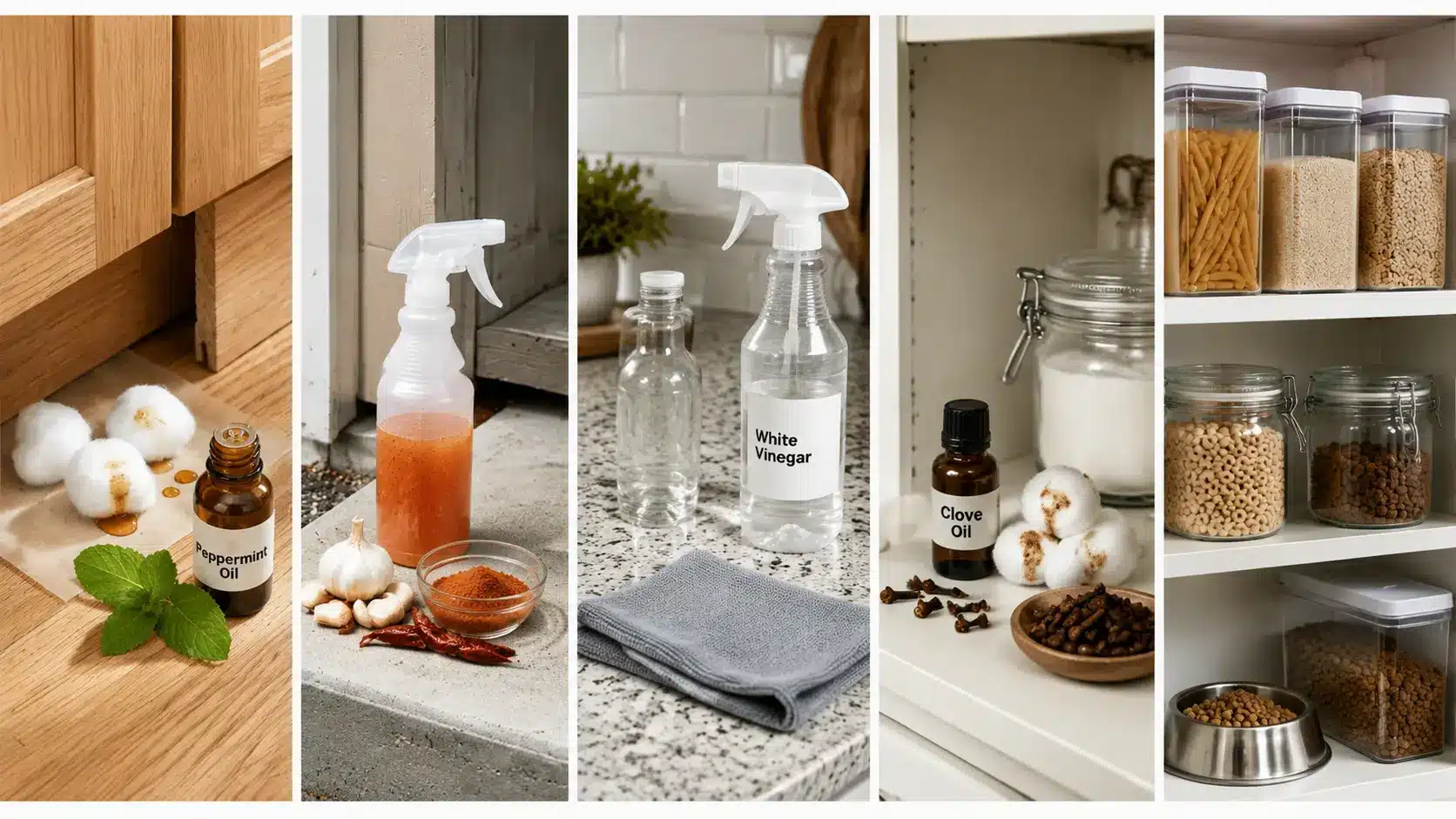 Collage showing peppermint oil, garlic spray, vinegar, clove oil, and food storage for mice prevention.