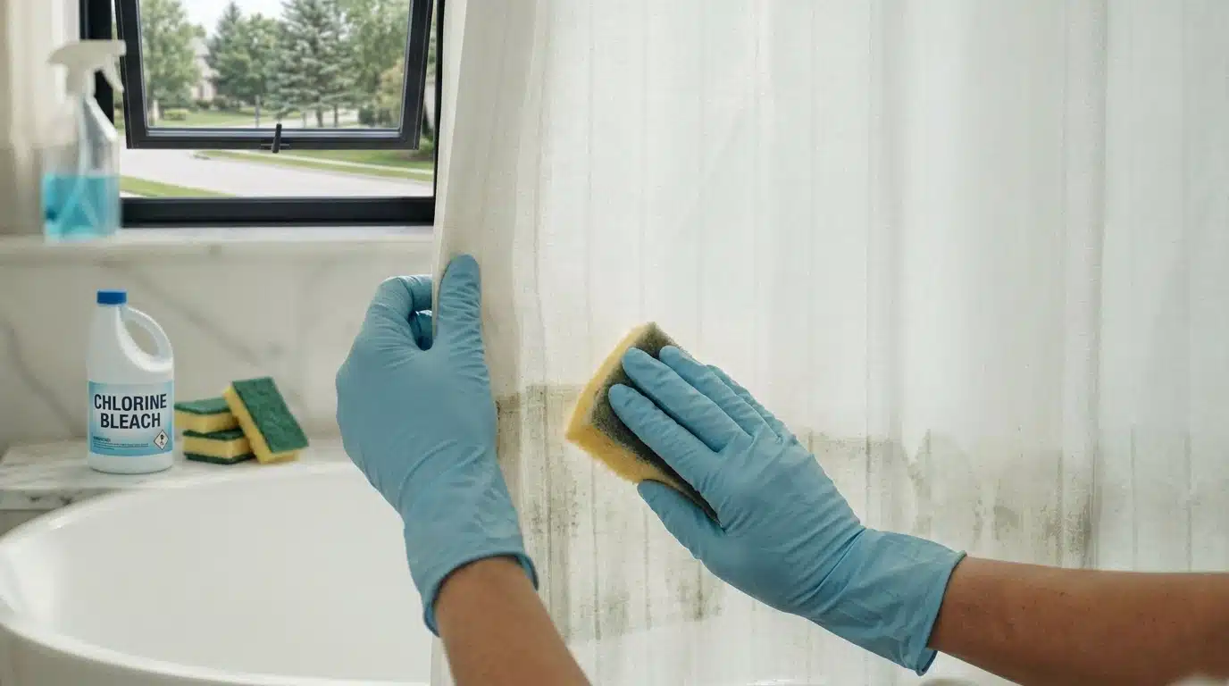 Gloved hands carefully applying diluted bleach solution to stubborn mildew stains on a shower curtain during deep cleaning.
