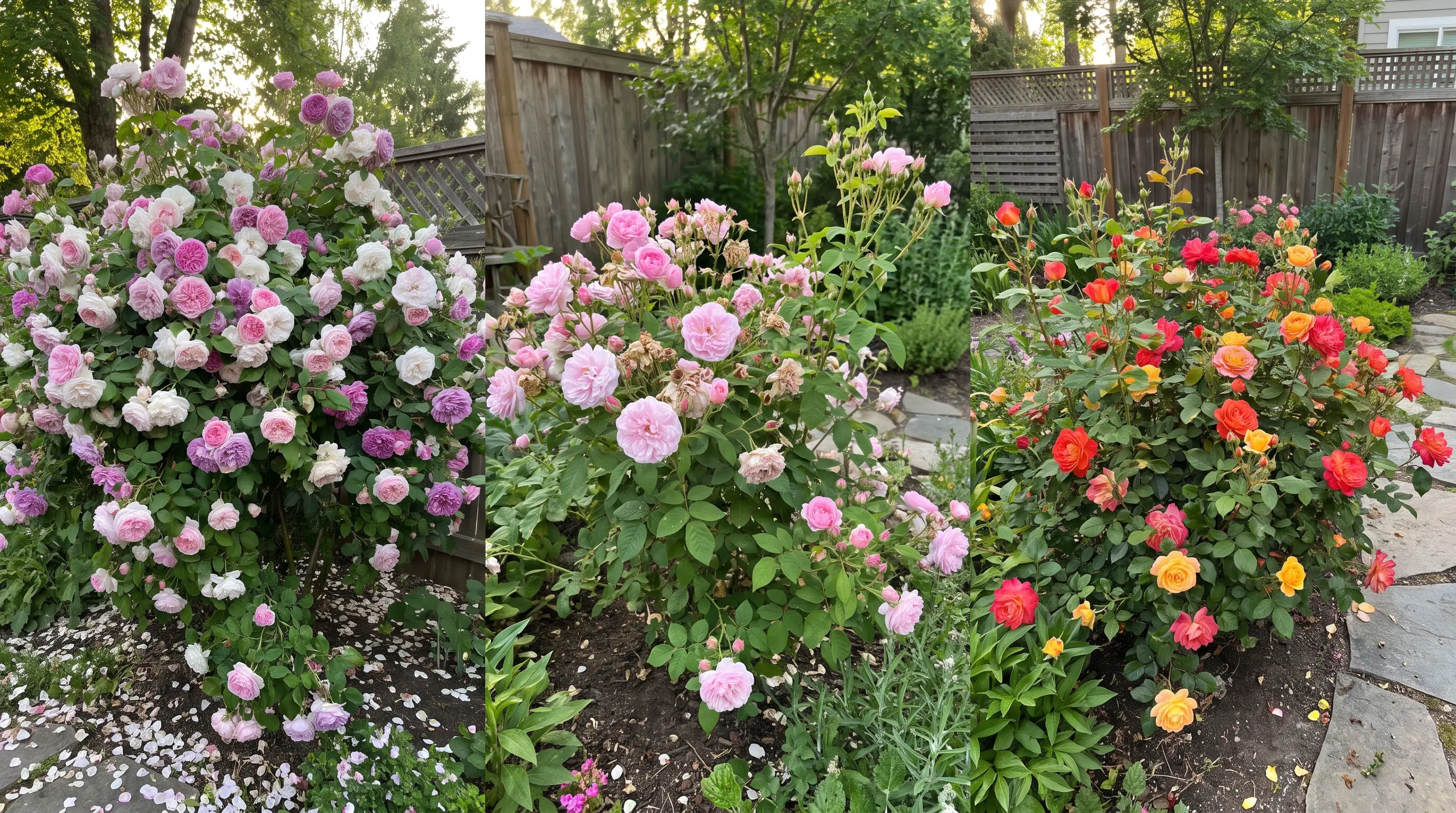 Three-panel comparison of once-blooming, twice-blooming, and repeat-blooming roses in a garden