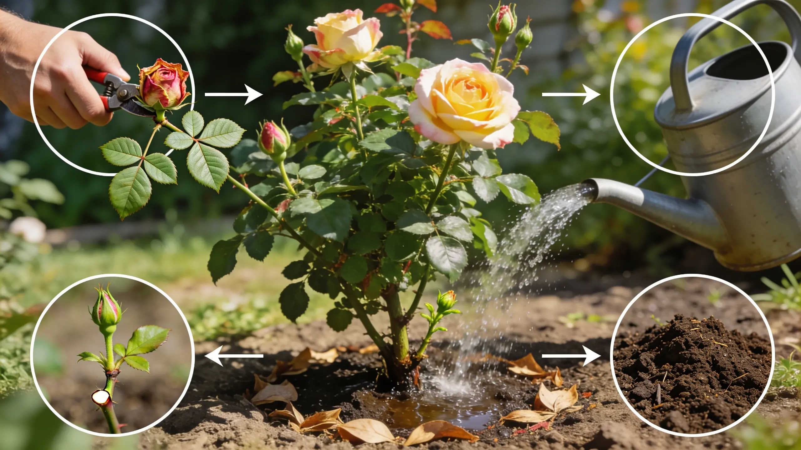 Garden scene showing rose care techniques including deadheading, watering, feeding, and sunlight exposure