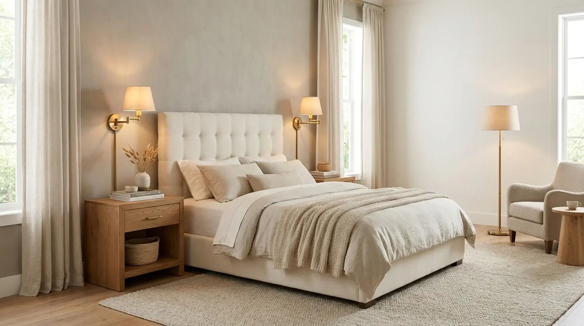 Neutral bedroom with warm brass lighting fixtures, cream bedding, and natural wood accents.