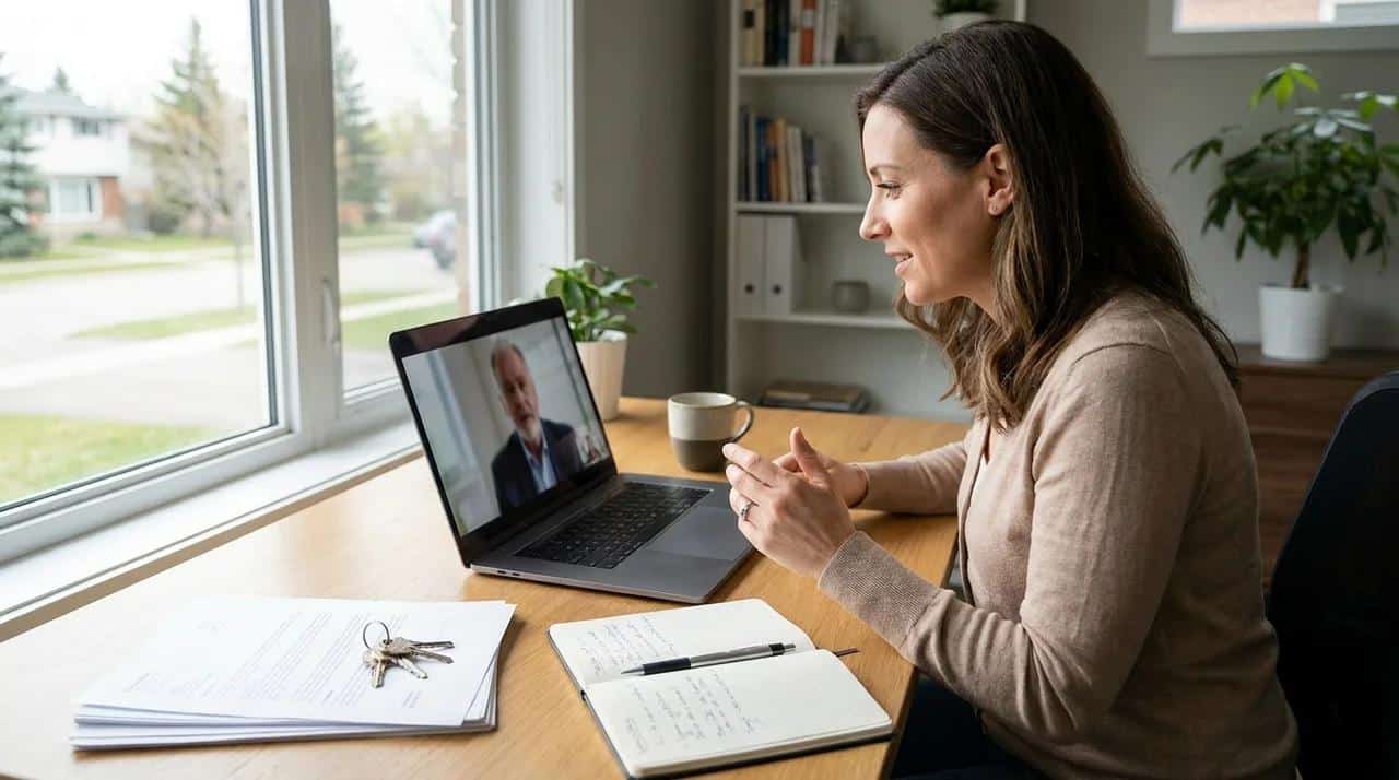 Homebuyer checking QES support with a conveyancer before starting a digital mortgage deed signing process.