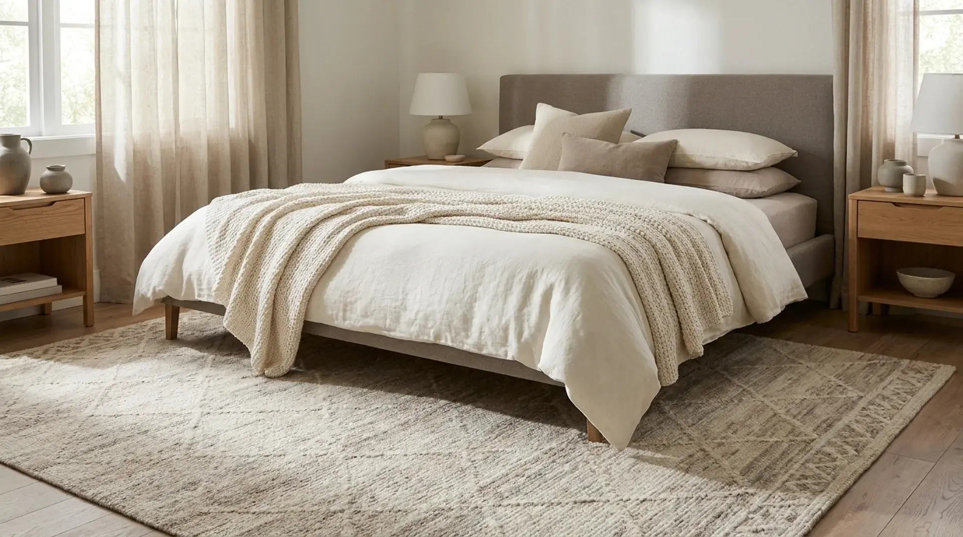 Neutral bedroom with a soft patterned beige rug, cream bedding, and warm textured decor.