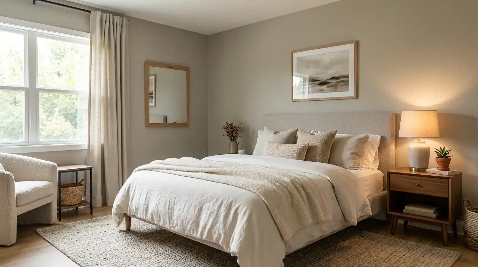 Warm gray bedroom walls with cream bedding, wood furniture, and natural textured fabrics.