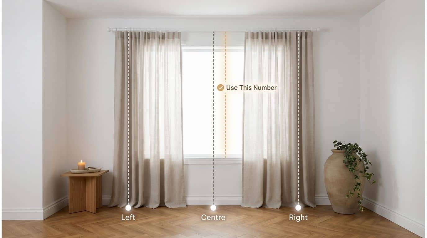Infographic showing three vertical measurement lines dropped from the rod at left, centre, and right of the window, with the shortest measurement highlighted.