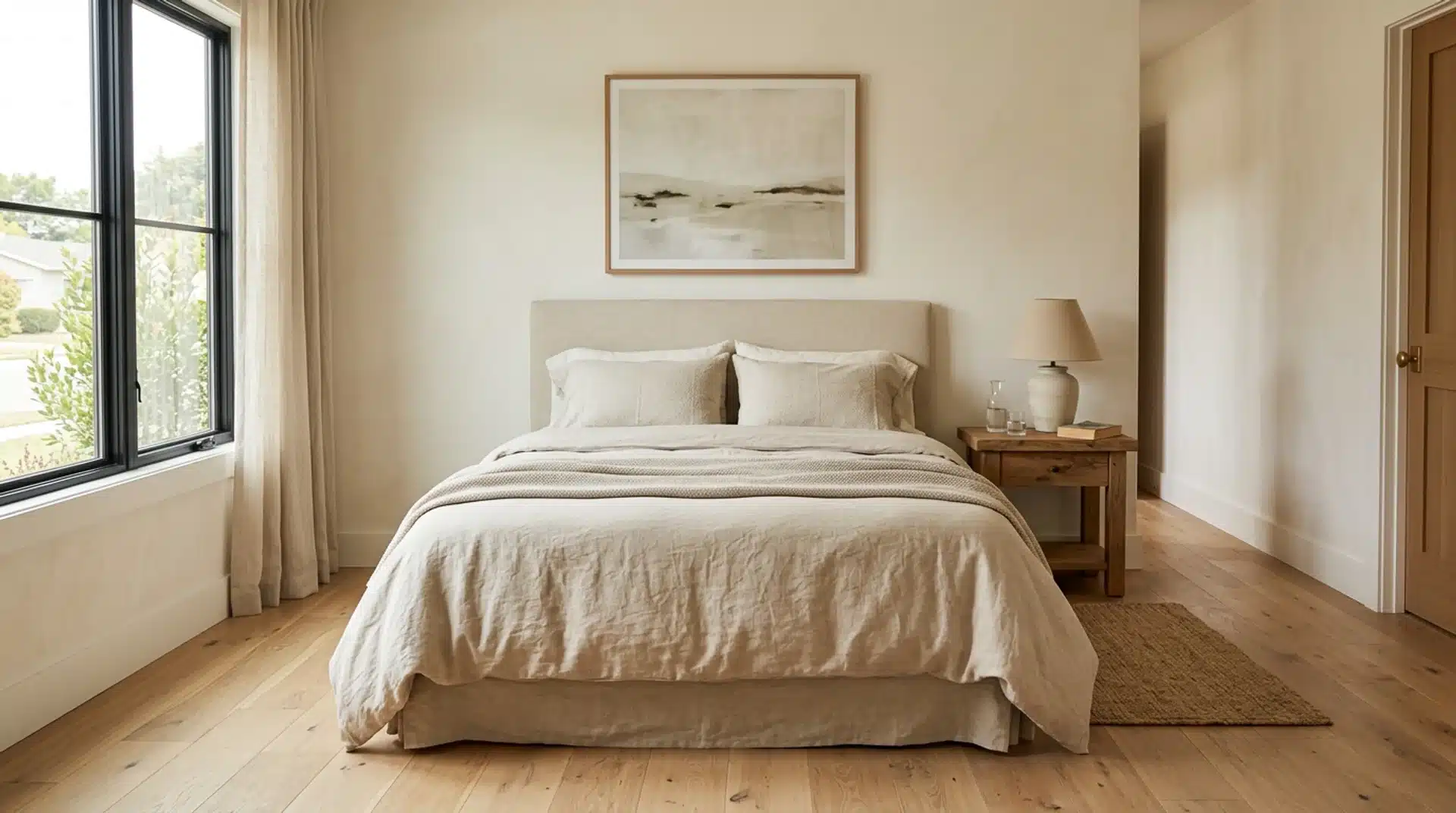 Guest bedroom with a queen bed centred on the wall and generous clear walkways on both sides.