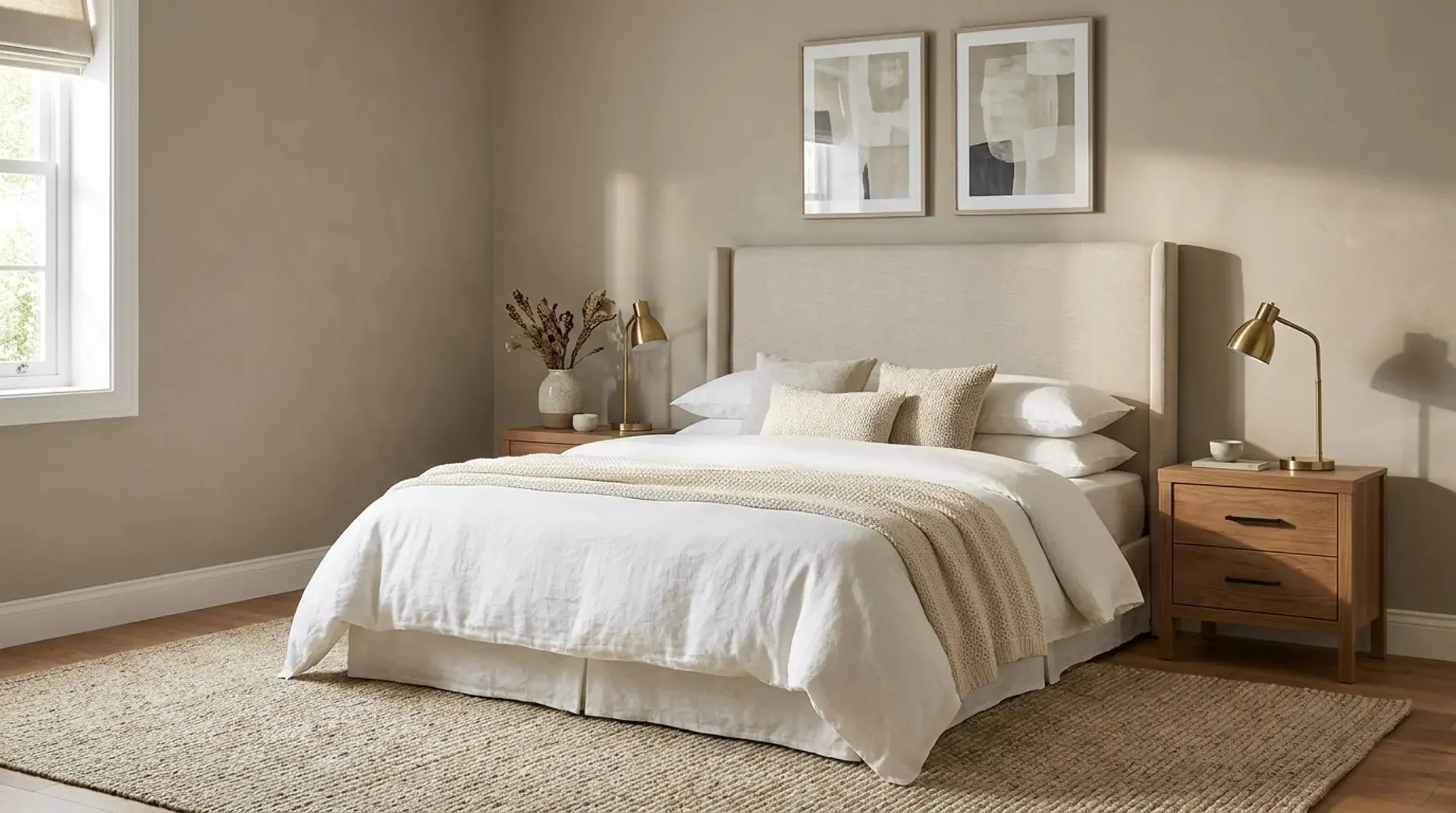 Warm greige bedroom walls with neutral bedding, wood furniture, and soft natural lighting.