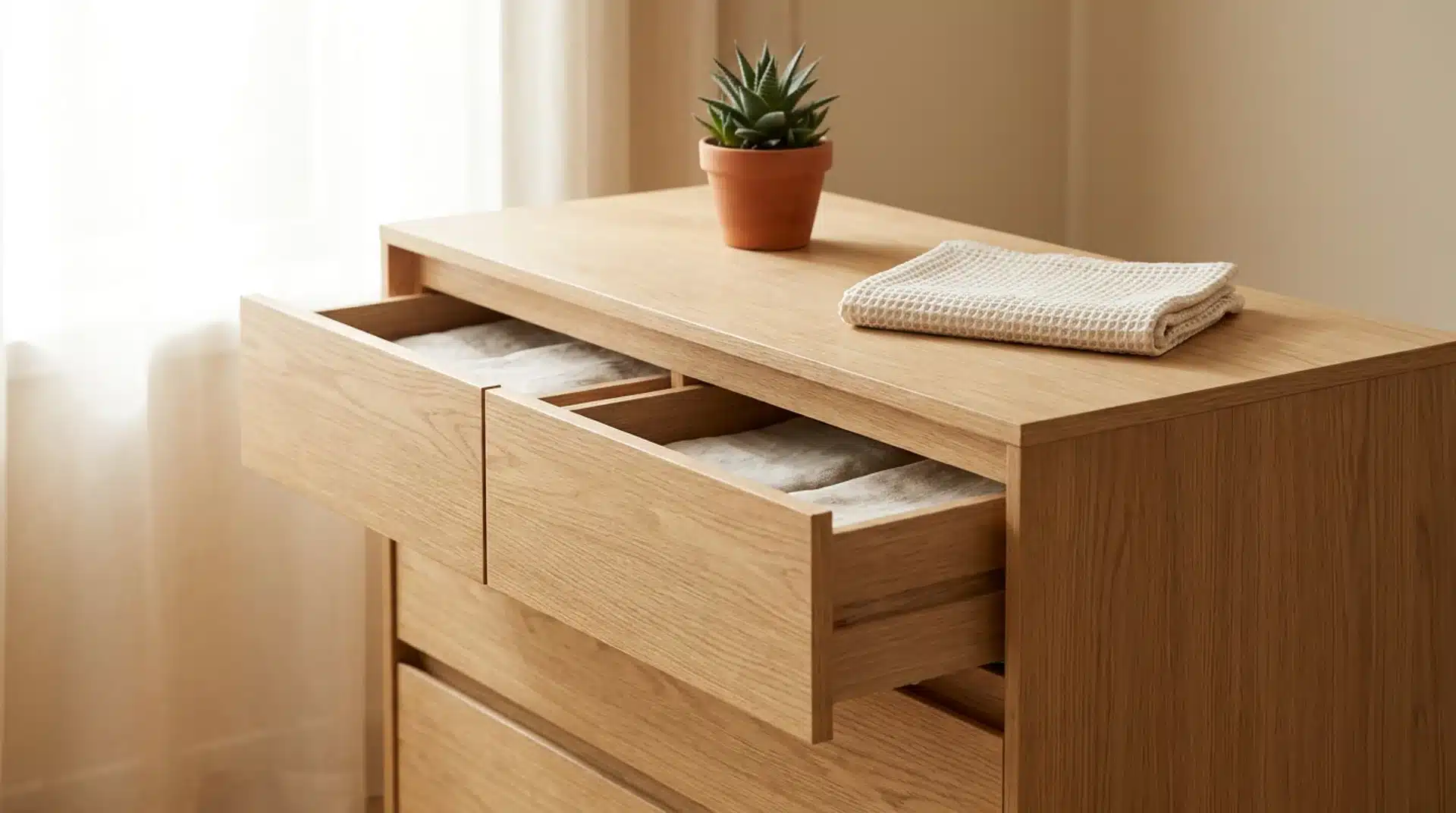 Slim wood dresser with two open empty drawers, a small plant, and a folded guest towel on top.