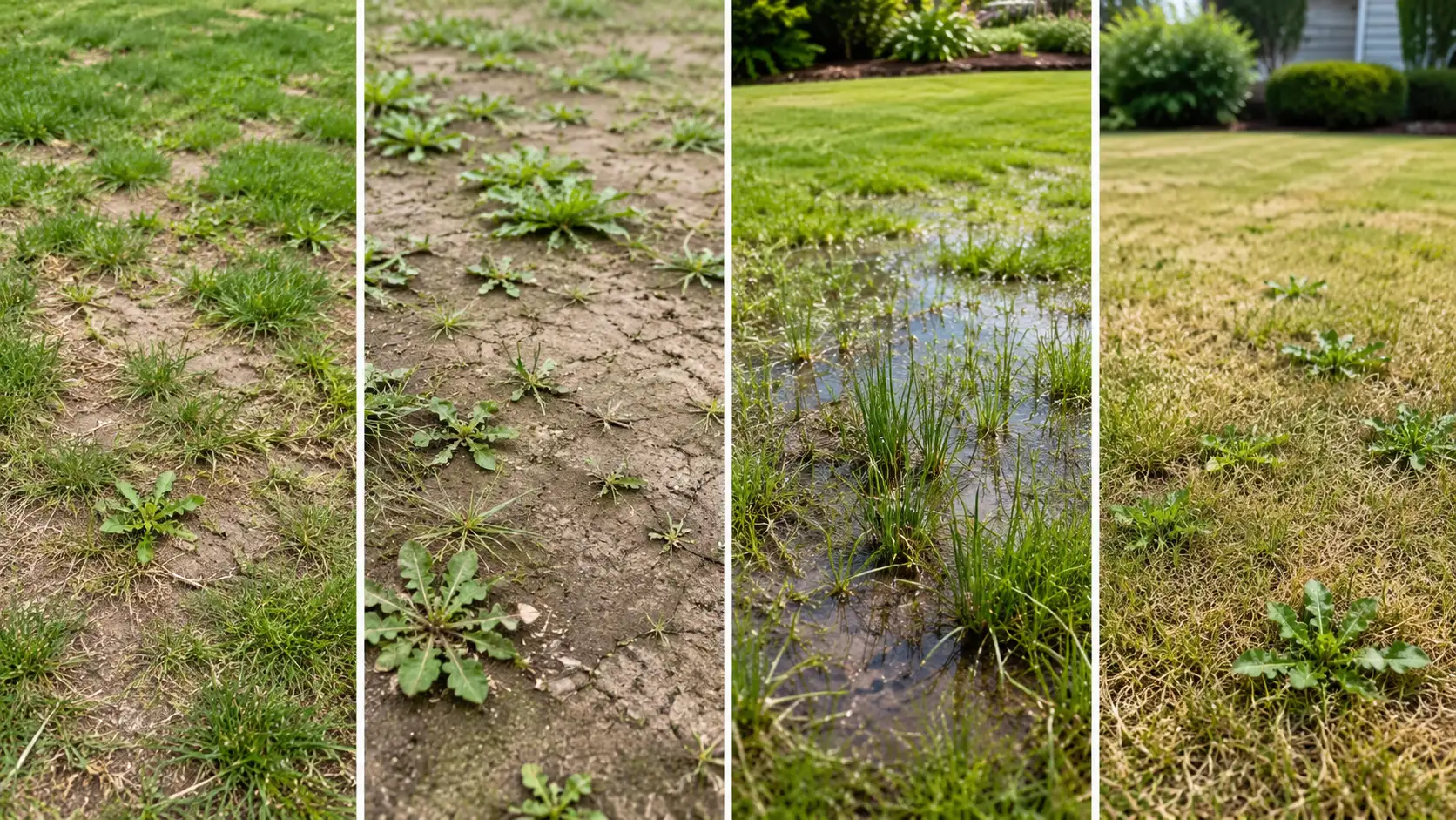Four lawn problems showing thin turf, compacted soil, poor drainage, and stressed grass where weeds appear.
