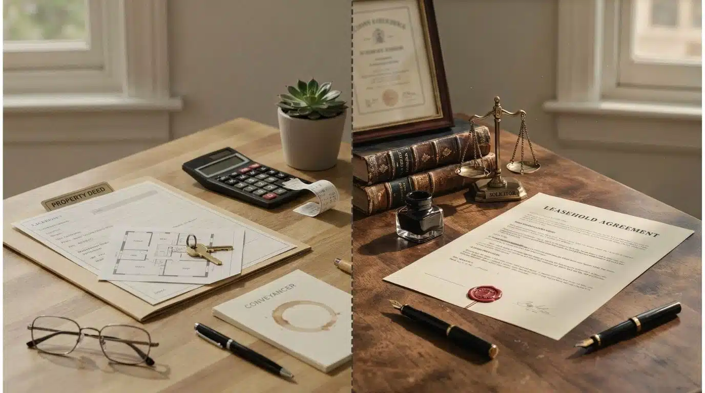 Conveyancer desk with keys beside solicitor desk with law books, comparing property expertise.