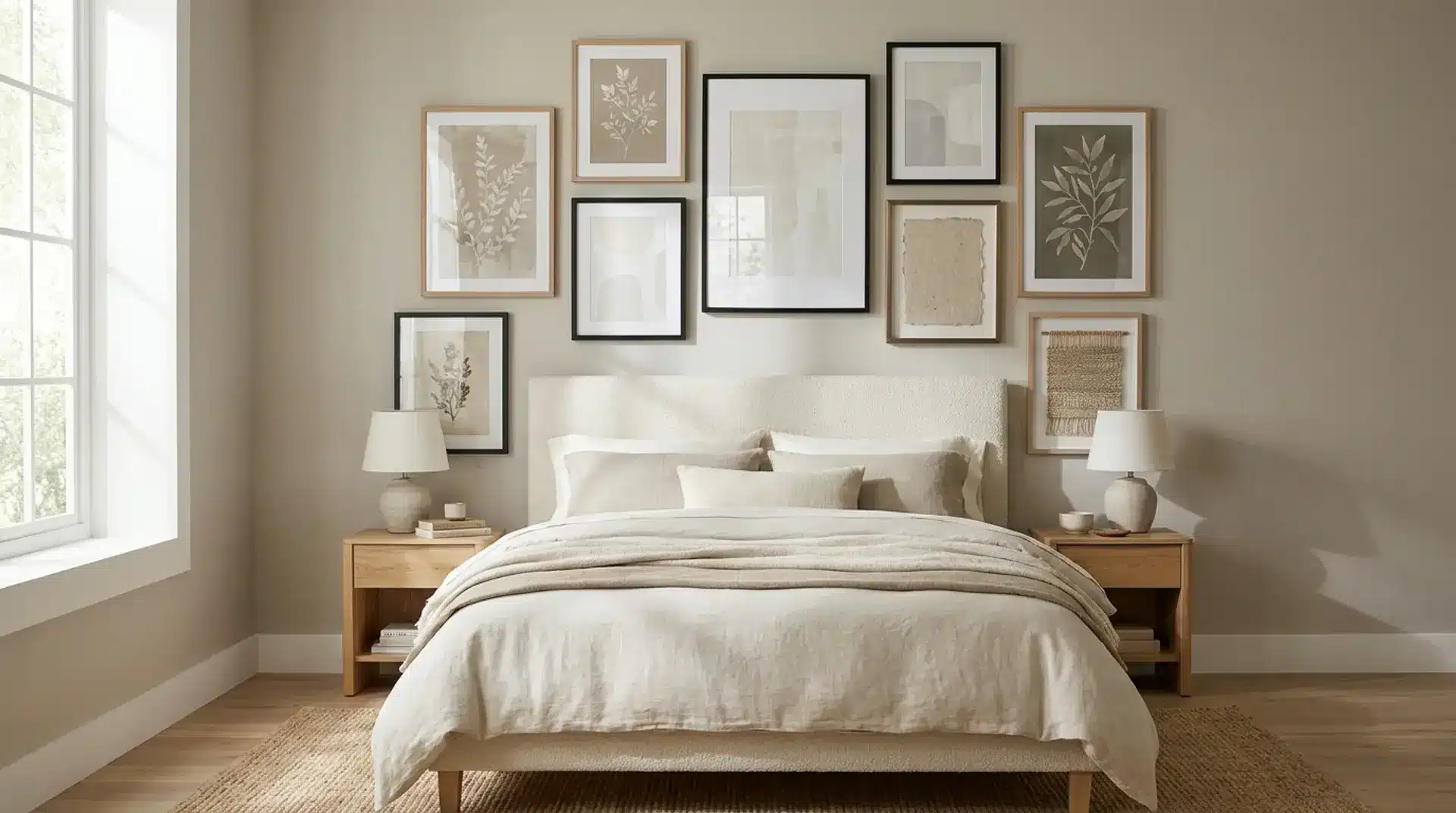 Neutral bedroom with a soft gallery wall, botanical artwork, linen bedding, and warm textures.