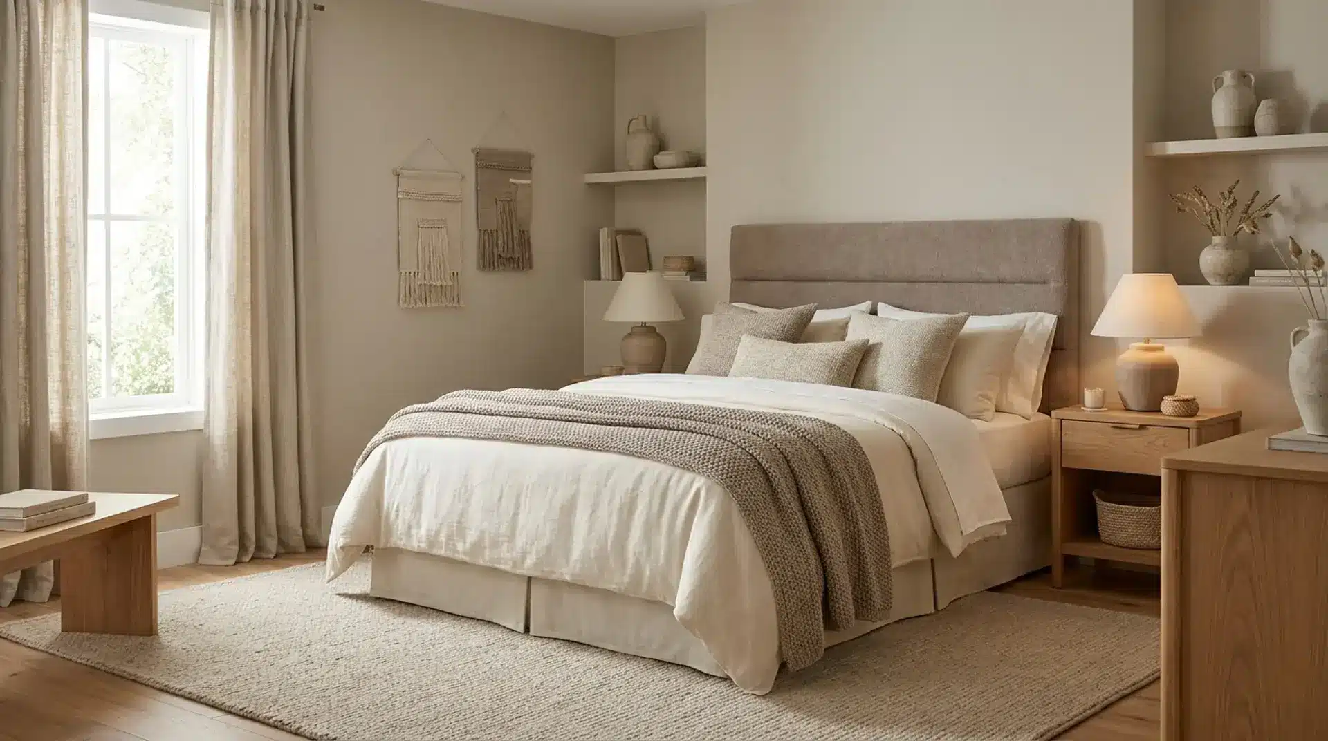Tone-on-tone neutral bedroom with layered beige, cream, taupe, and textured fabrics.