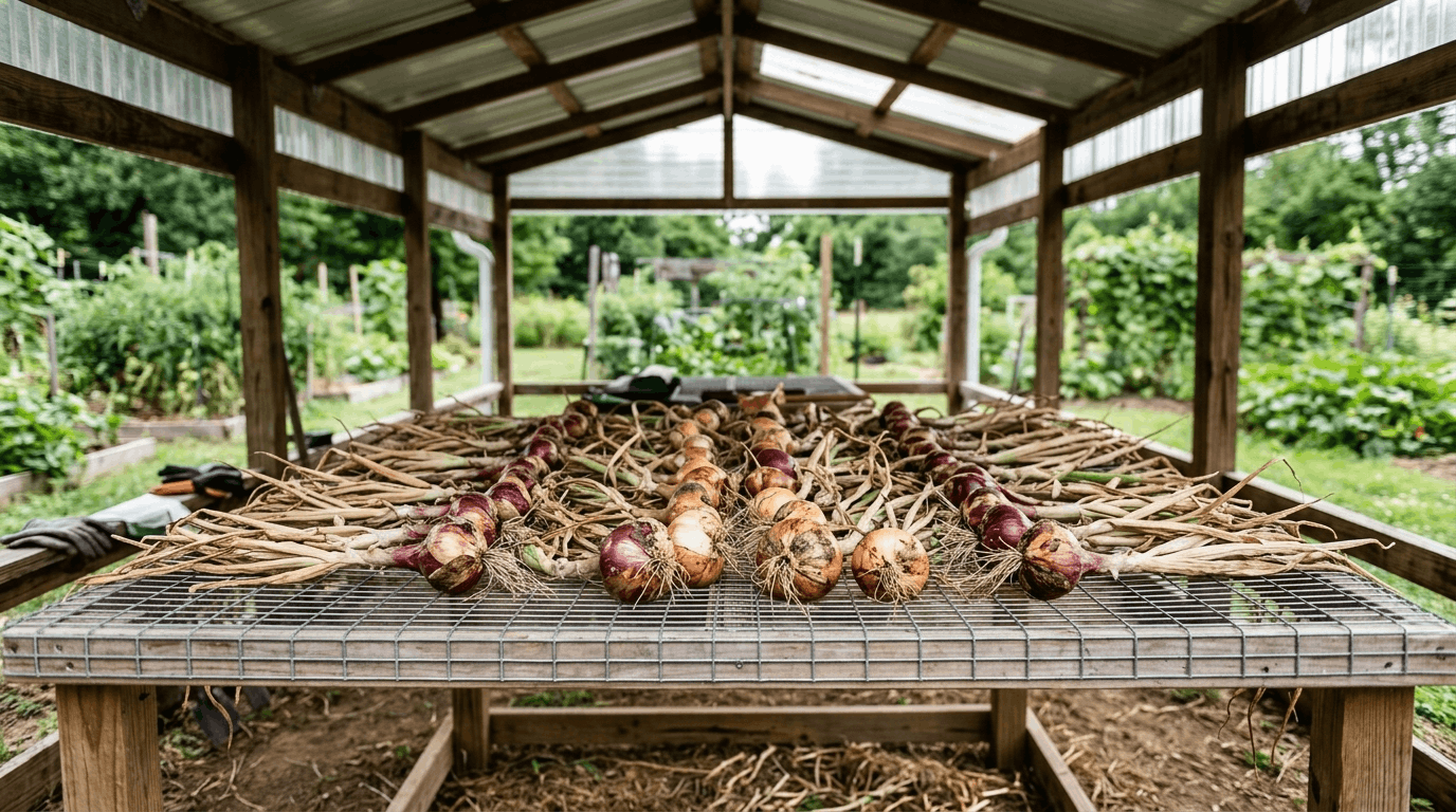 Freshly harvested onions curing on wire racks in a shaded, well-ventilated area.