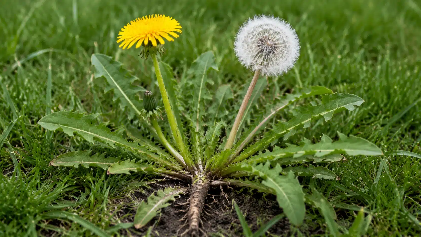 dandelion lawn weed showing its bright yellow flower, fluffy white seed head, jagged green leaves, and taproot growing among grass in a backyard law