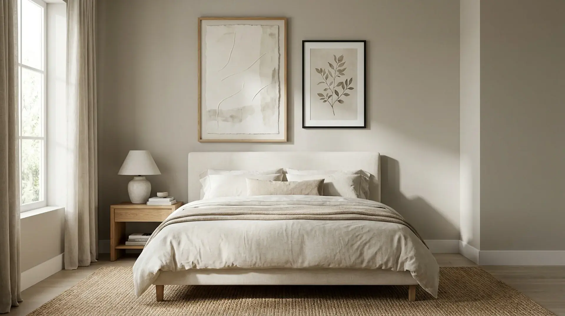 Neutral bedroom with minimal beige artwork, cream bedding, and simple textured decor.