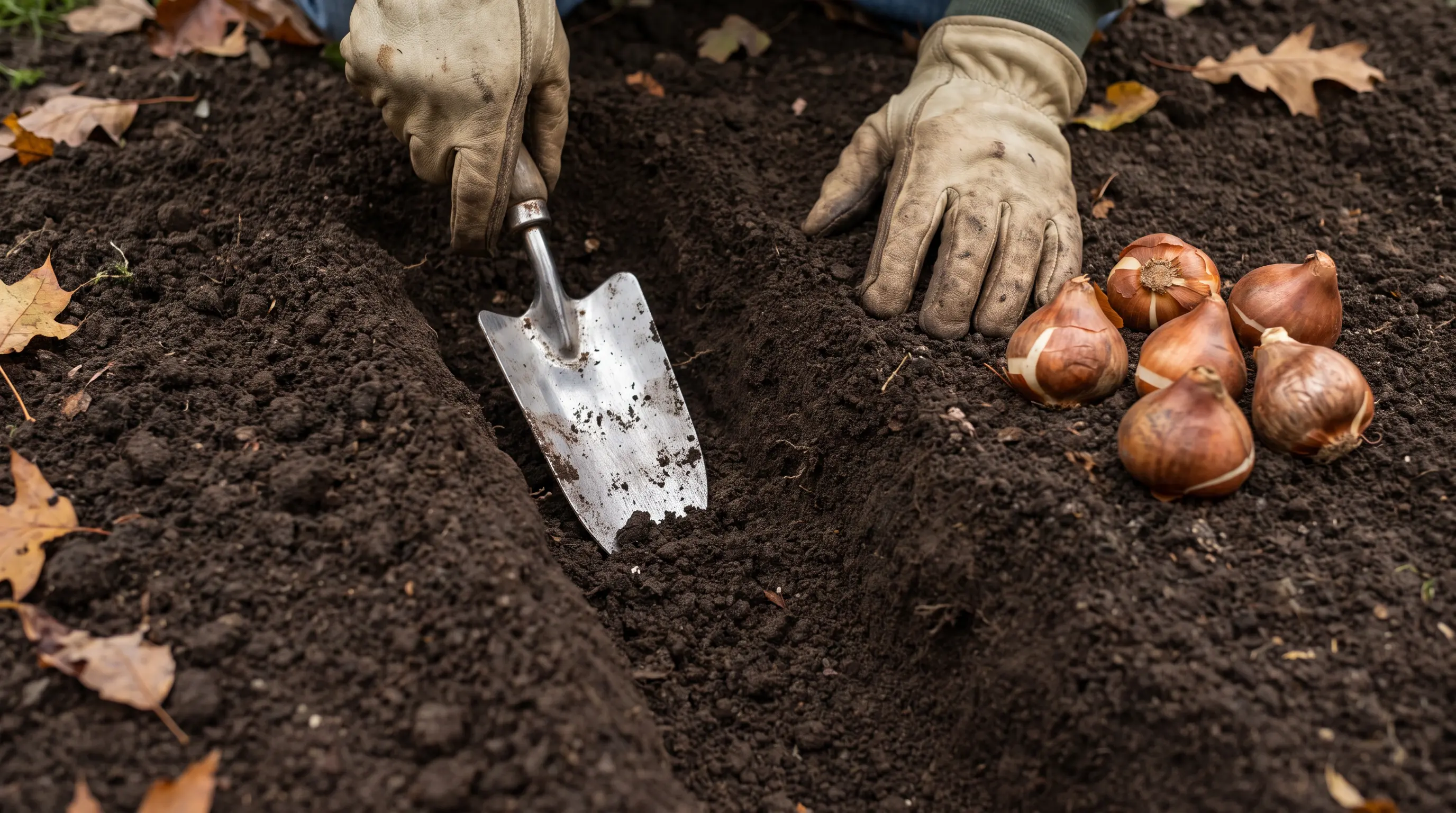 Gardener digging a level planting trench for tulip bulbs in loose soil
