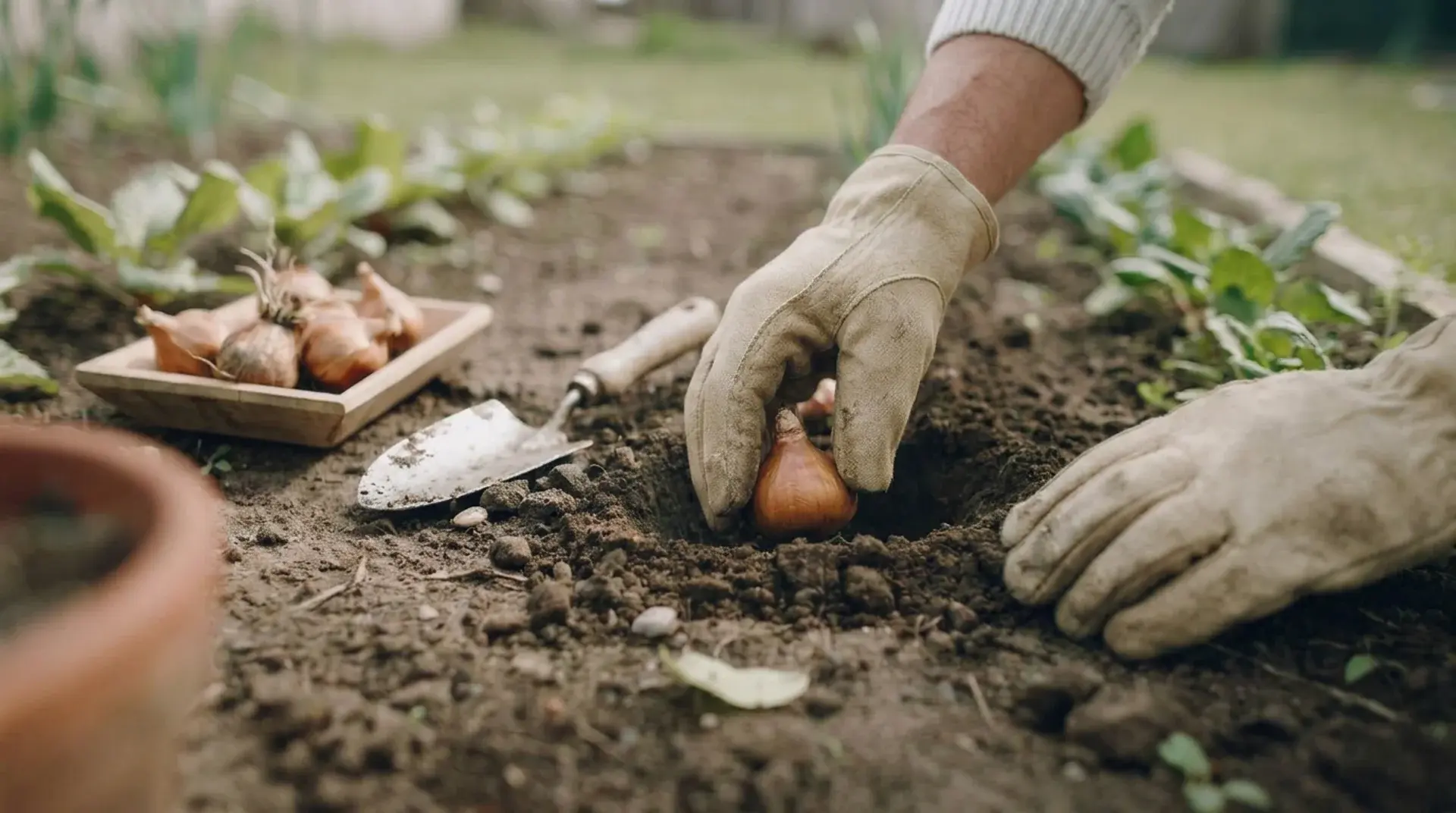 Daffodil bulb placed at the proper depth in a soil cutaway before planting