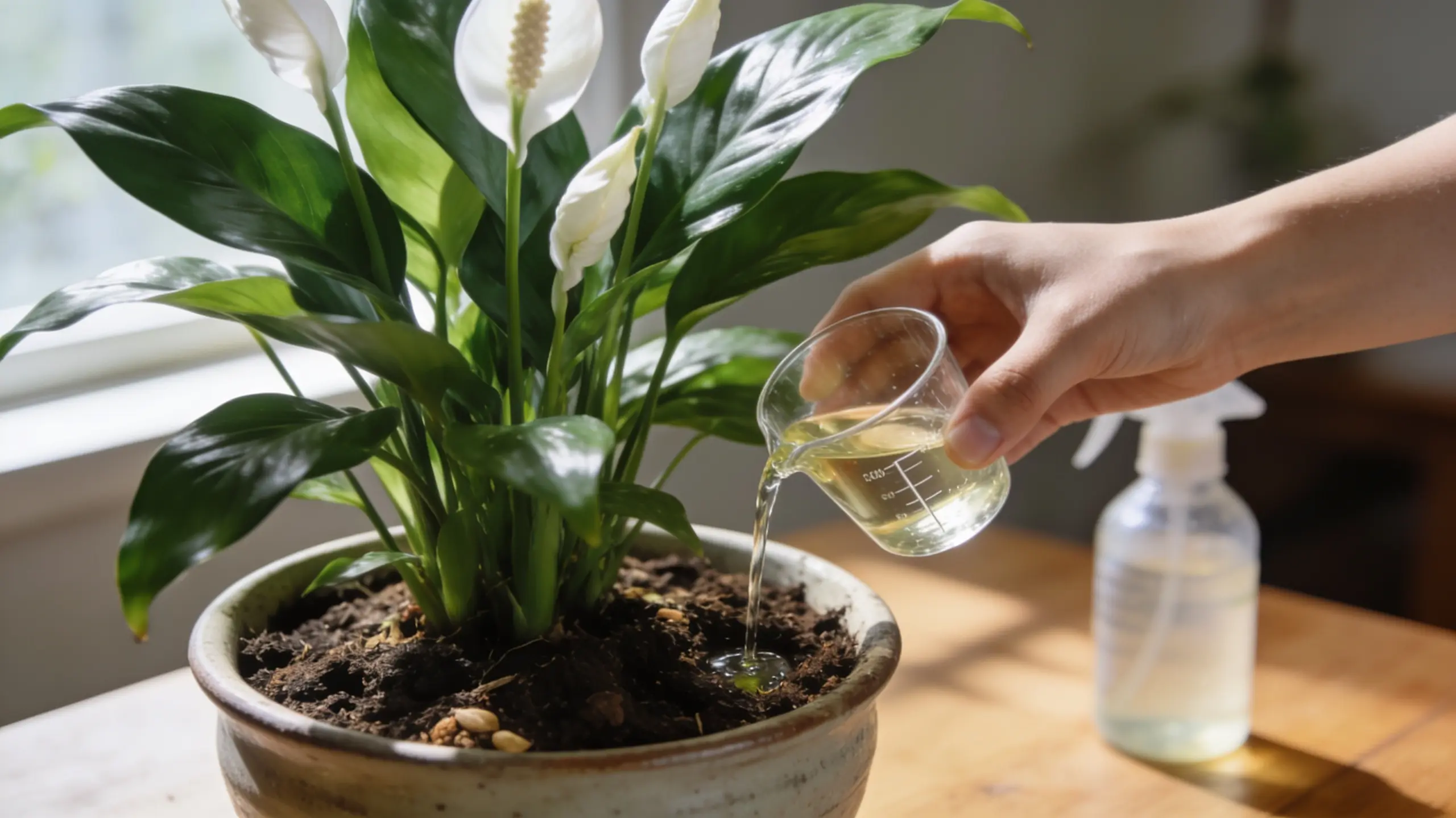 Close-up of hand pouring diluted liquid fertilizer into soil of a peace lily plant in a ceramic pot indoors.