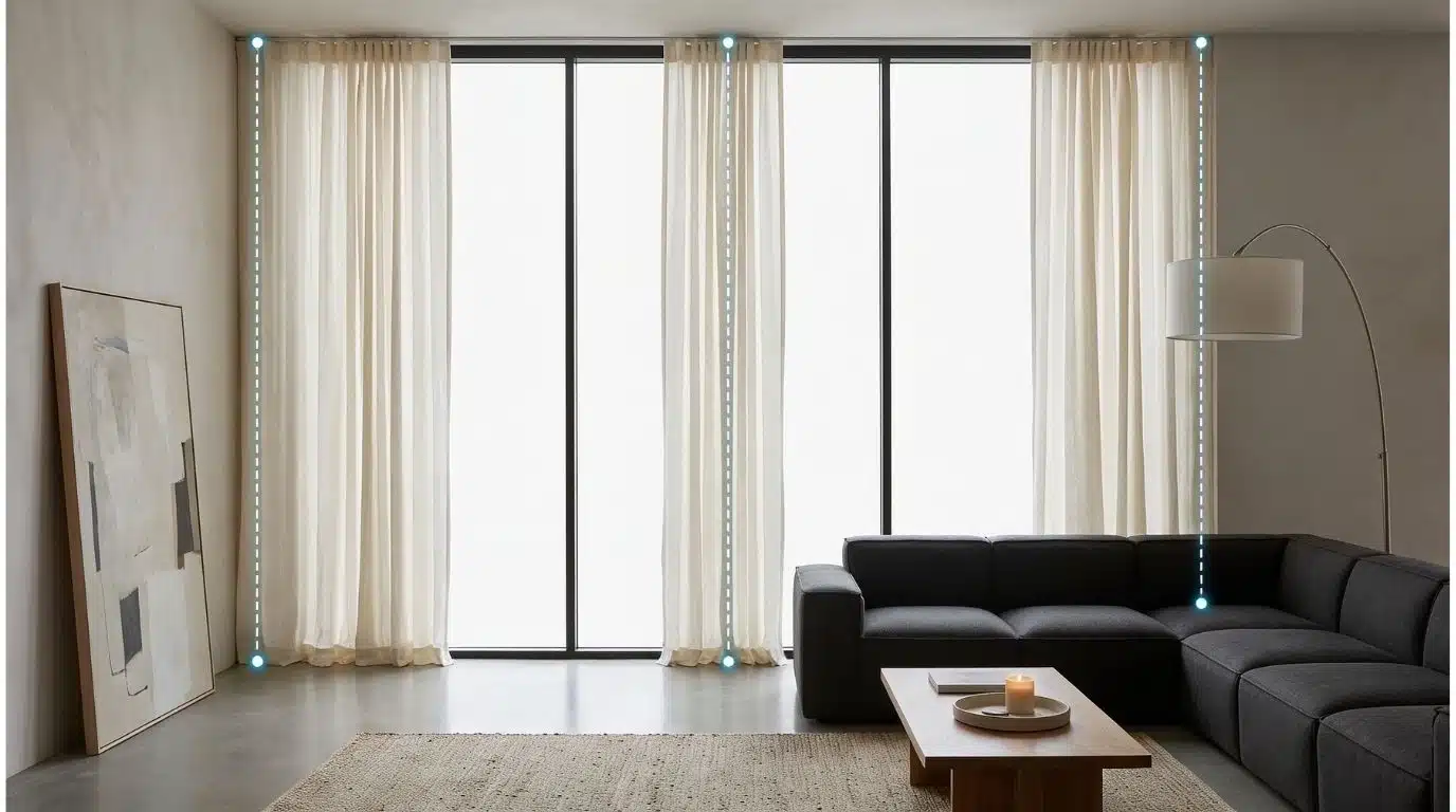 Floor-to-ceiling window with ivory linen curtains and three vertical measurement lines dropped from rod to floor, illustrating the three-point measuring method.
