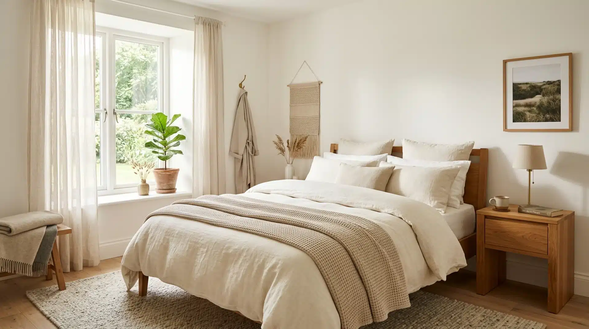 Bright guest bedroom with warm white walls, cream bedding, and sheer curtains in soft natural light.