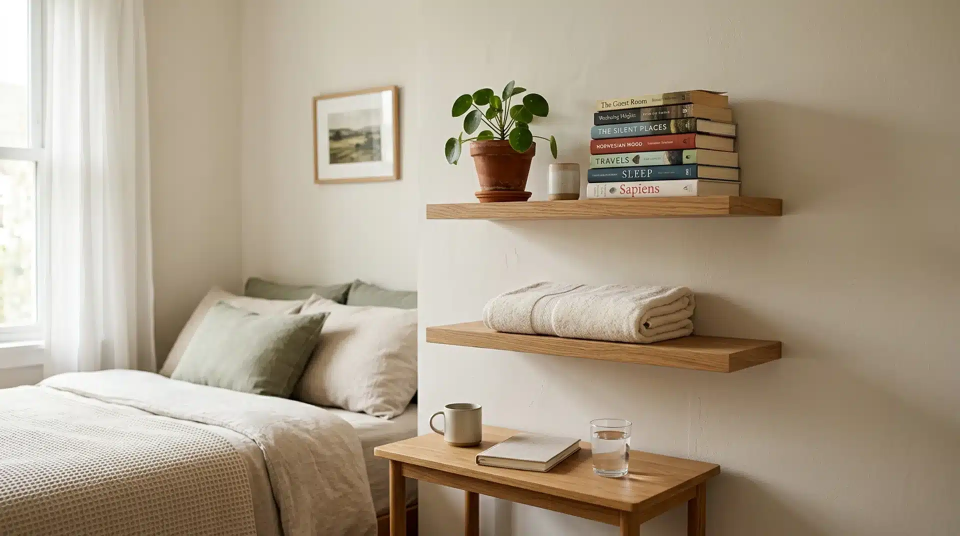 Guest bedroom wall with floating wooden shelves holding books, a small plant, and a folded towel.