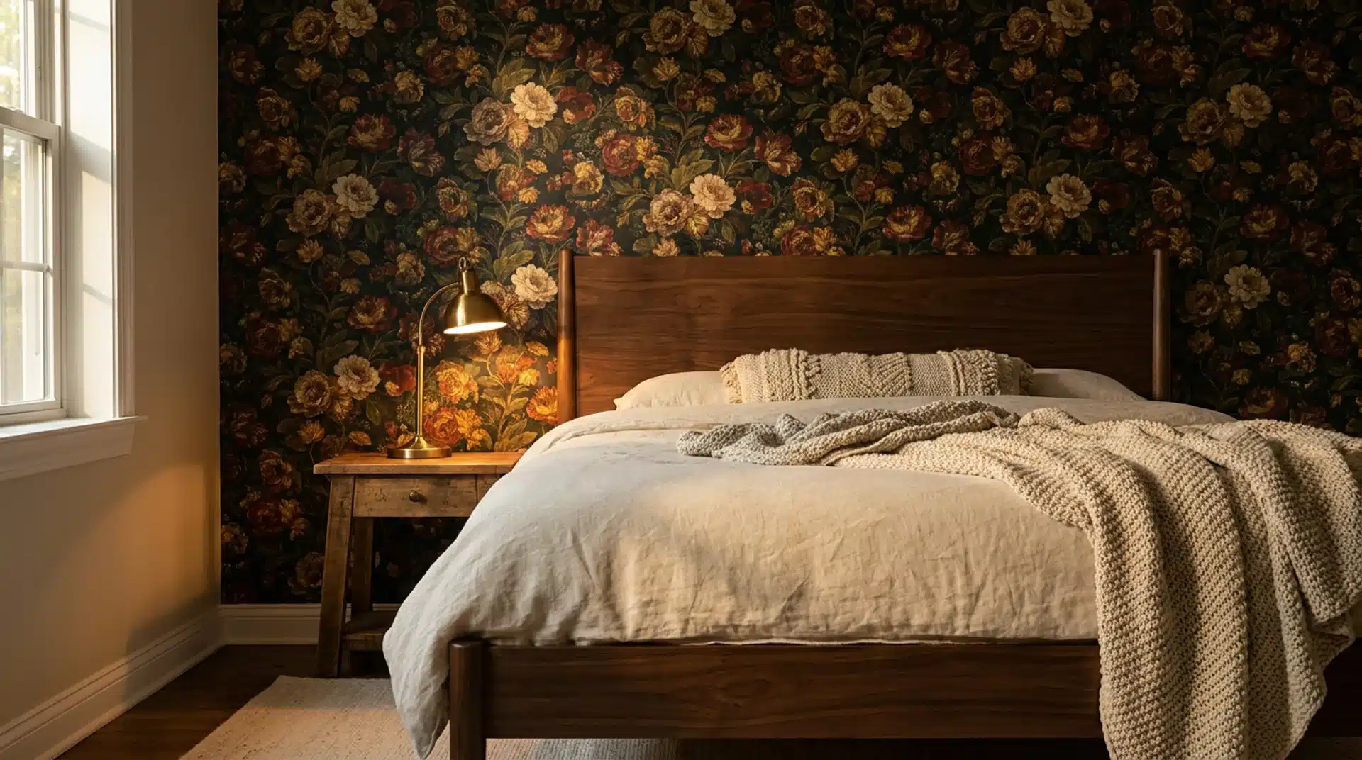 Guest bedroom with bold floral wallpaper, dark wood bed, cream linen bedding, knitted throw, and brass lamp.