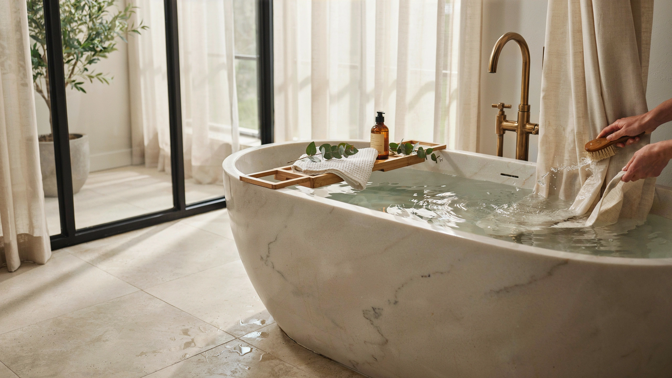 Shower curtain being scrubbed by hand in a bathtub using a soft brush during a controlled deep cleaning process.
