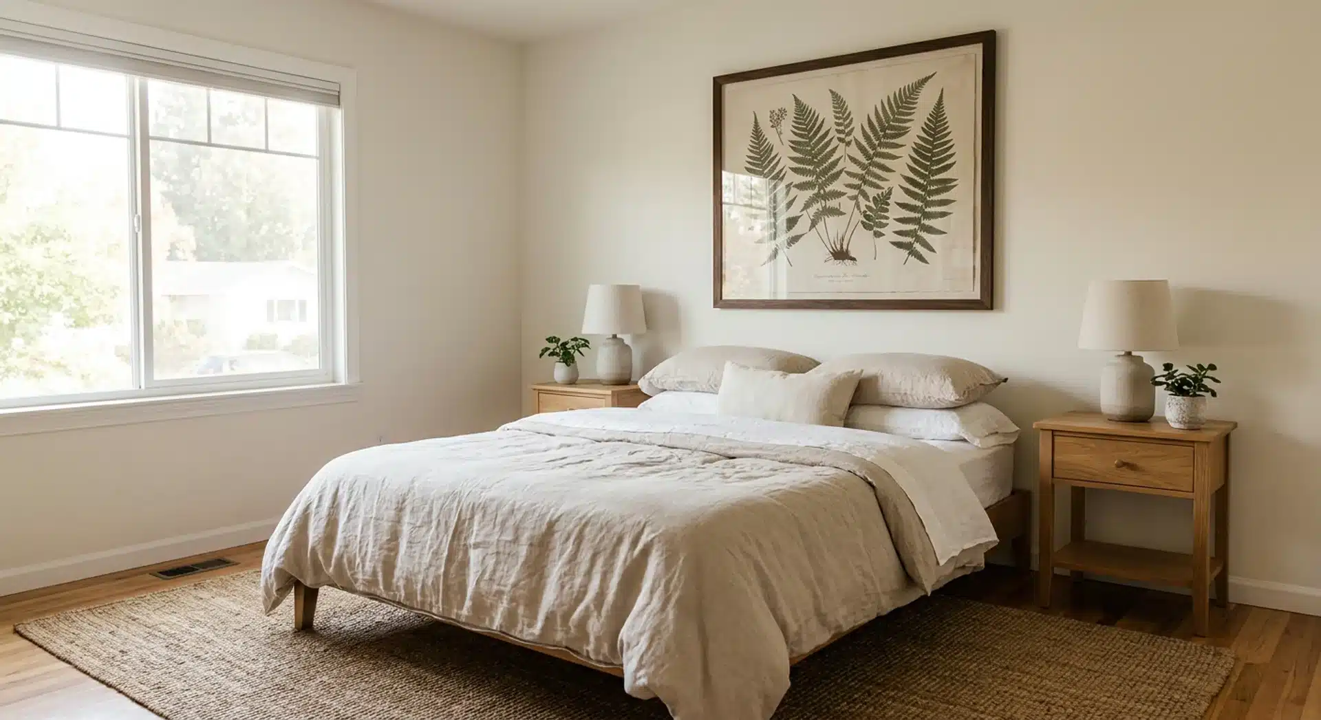 Guest bedroom with a large botanical print above the bed, linen bedding, and wooden nightstands.