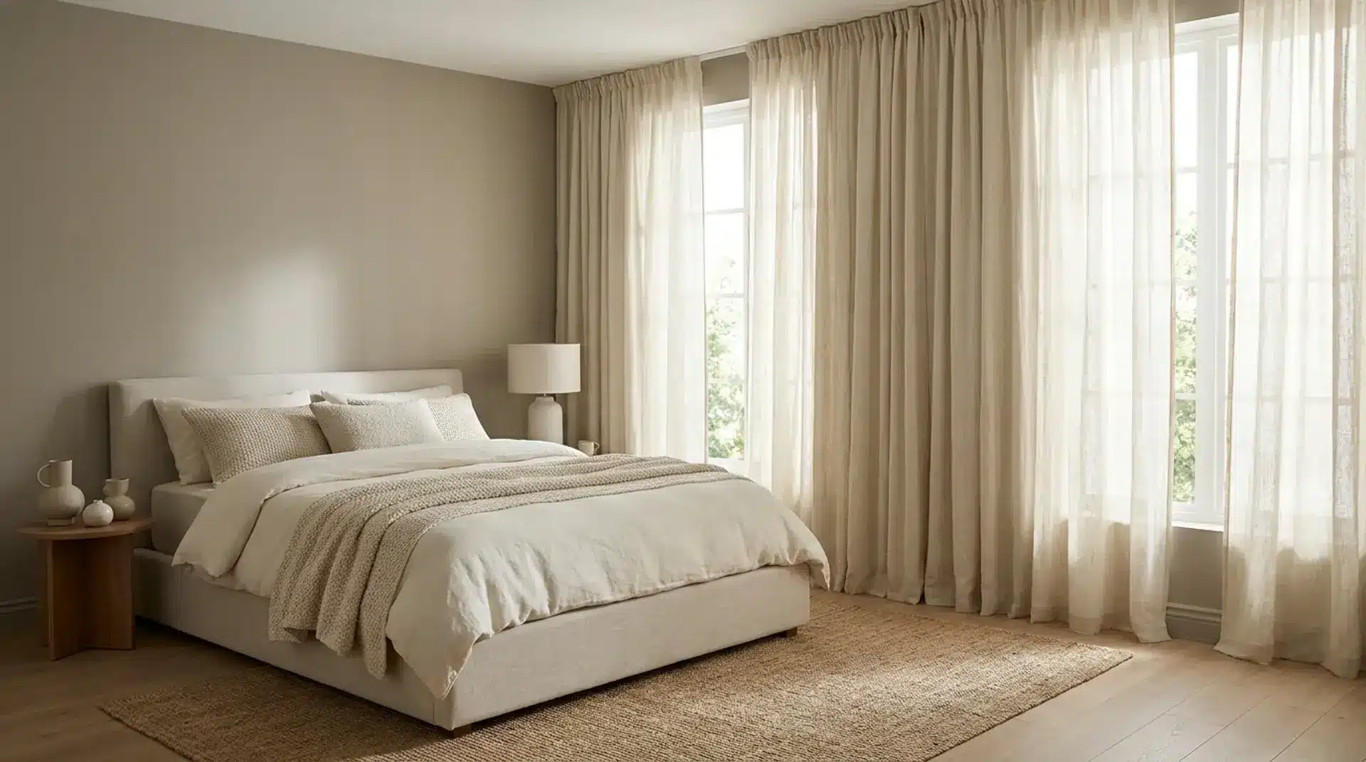 Neutral bedroom with soft linen curtains filtering sunlight over cream bedding and wood furniture.